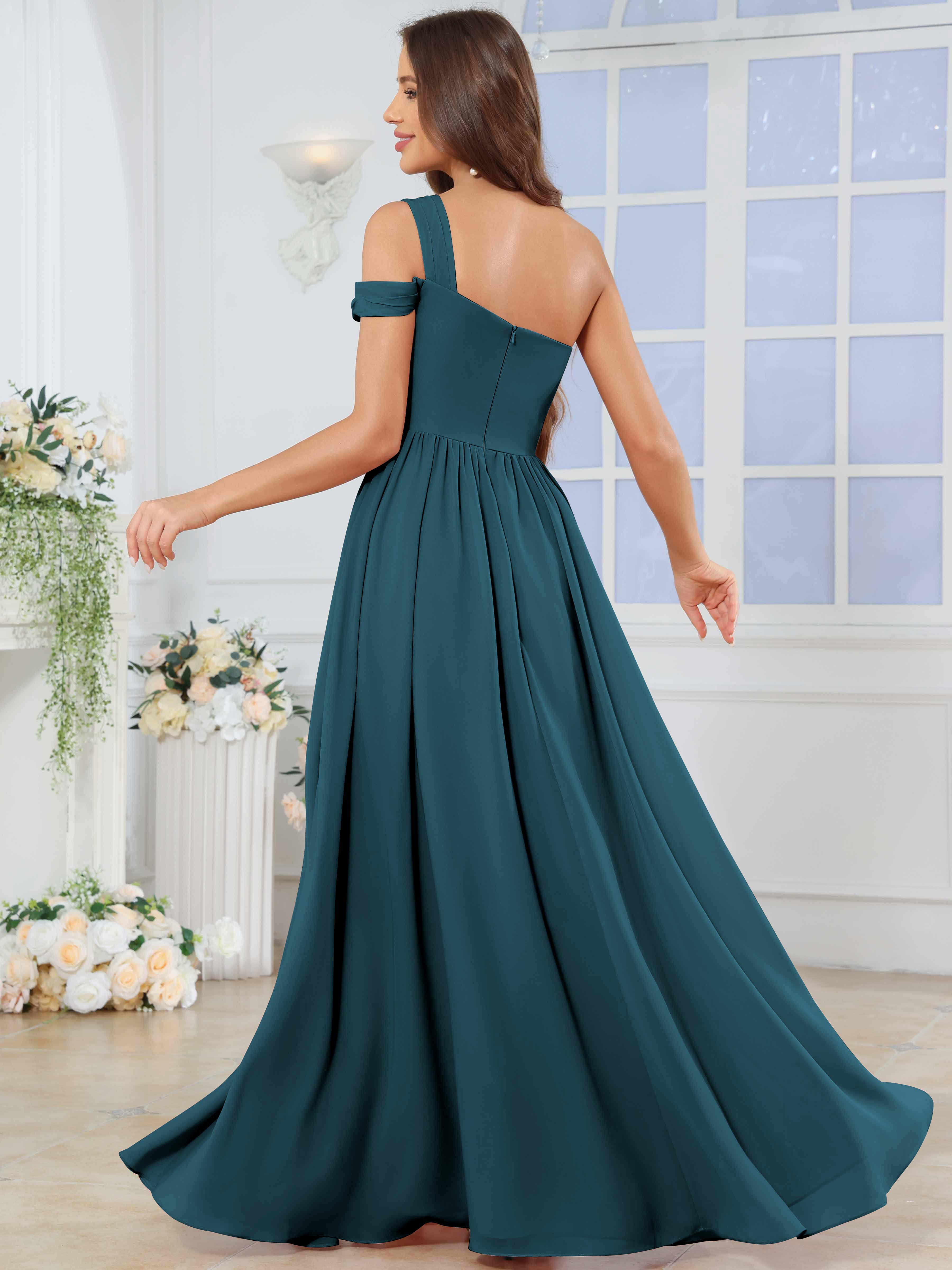 ROVDESY One Shoulder Pleated Chiffon Bridesmaid Dress With Slit