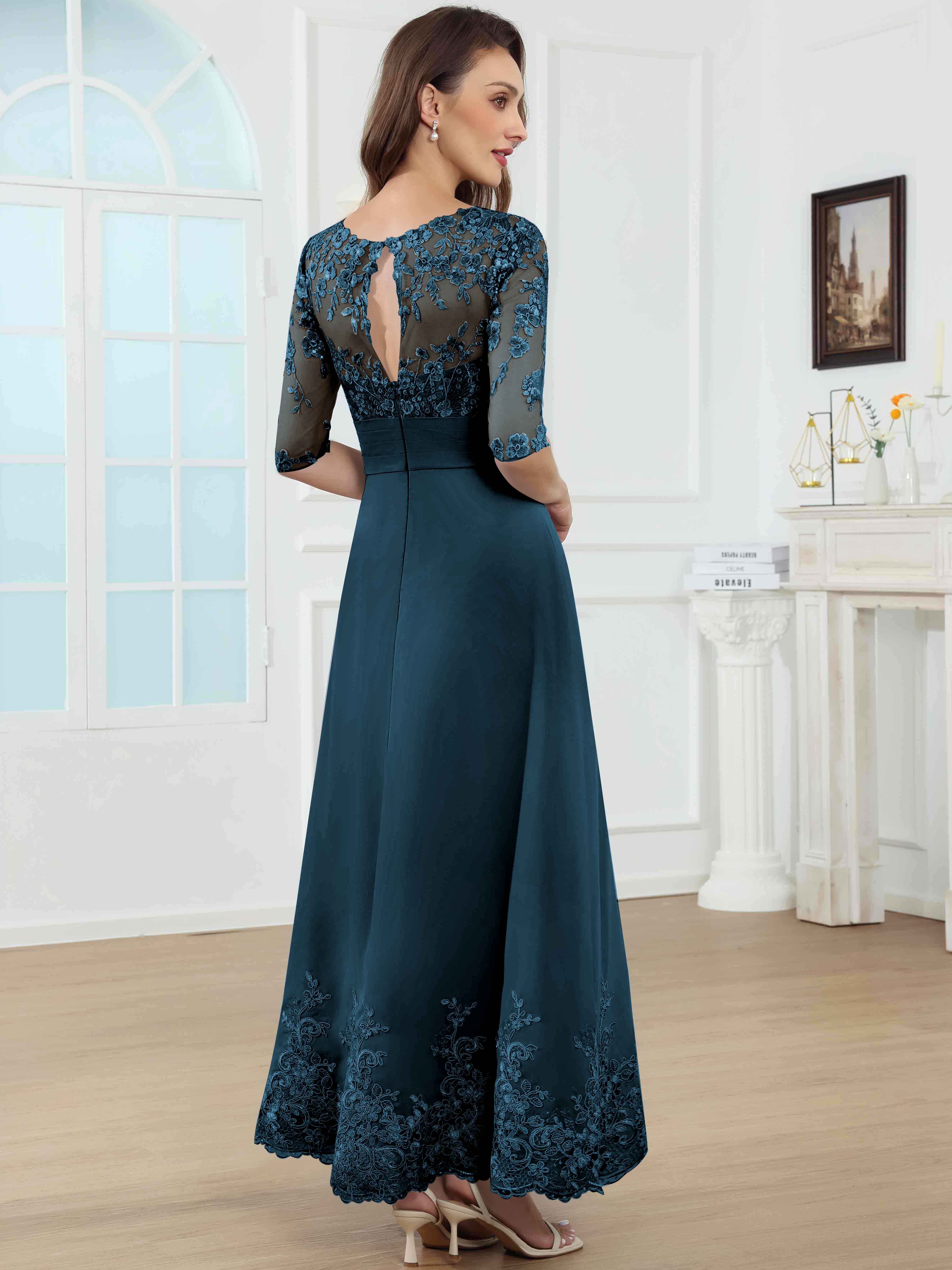 ROVDESY A-Line Lace Sequin Pleated Chiffon Mother Of The Bride Dress With Half Sleeves