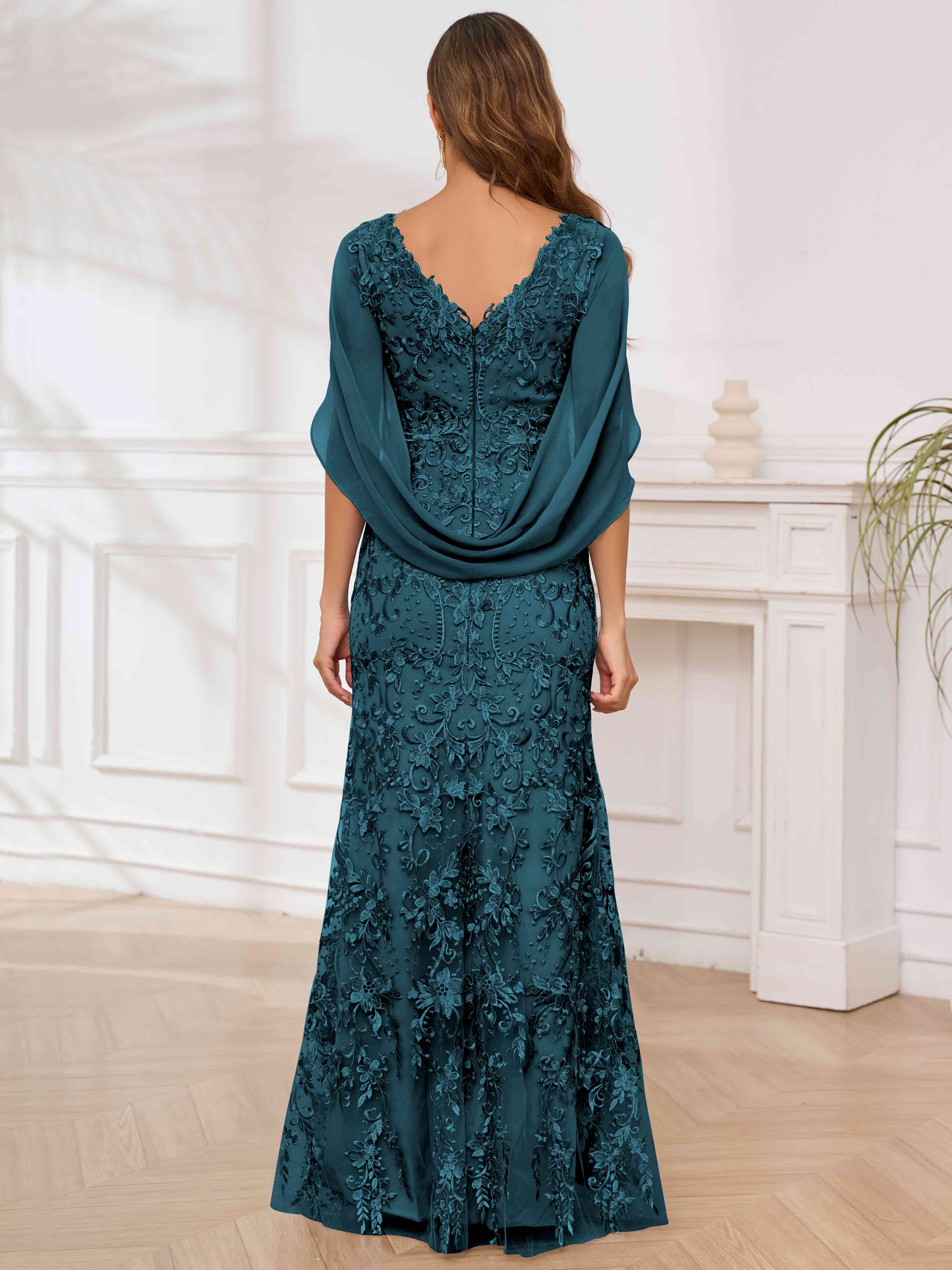ROVDESY V-Neck Lace Mermaid Mother Of The Bride Dress With Cape Sleeves Long Formal Gown