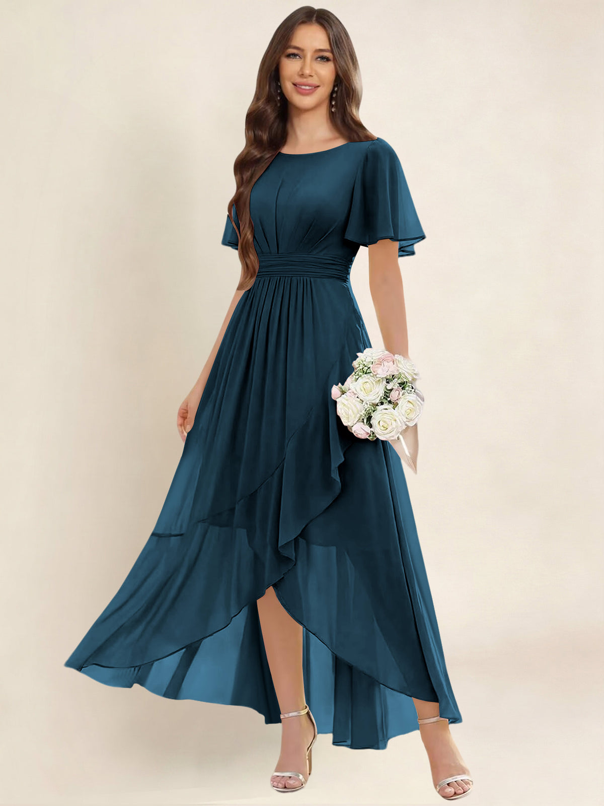 ROVDESY A-Line High Low Round Neck Pleated Ruffle Chiffon Bridesmaid Dress With Short Sleeves