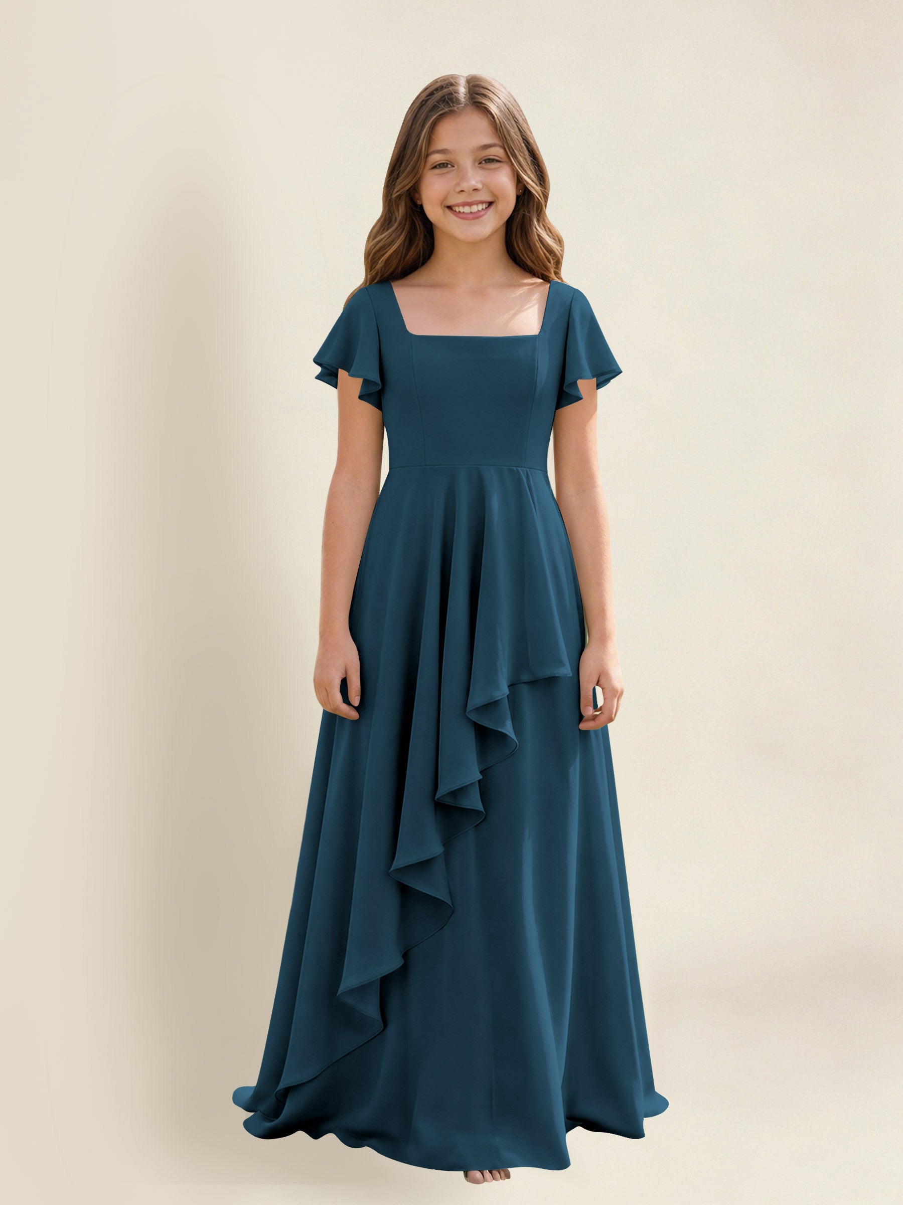 ROVDESY A-Line Square Neck Ruffle Chiffon Junior Bridesmaid Dress With Short Sleeves