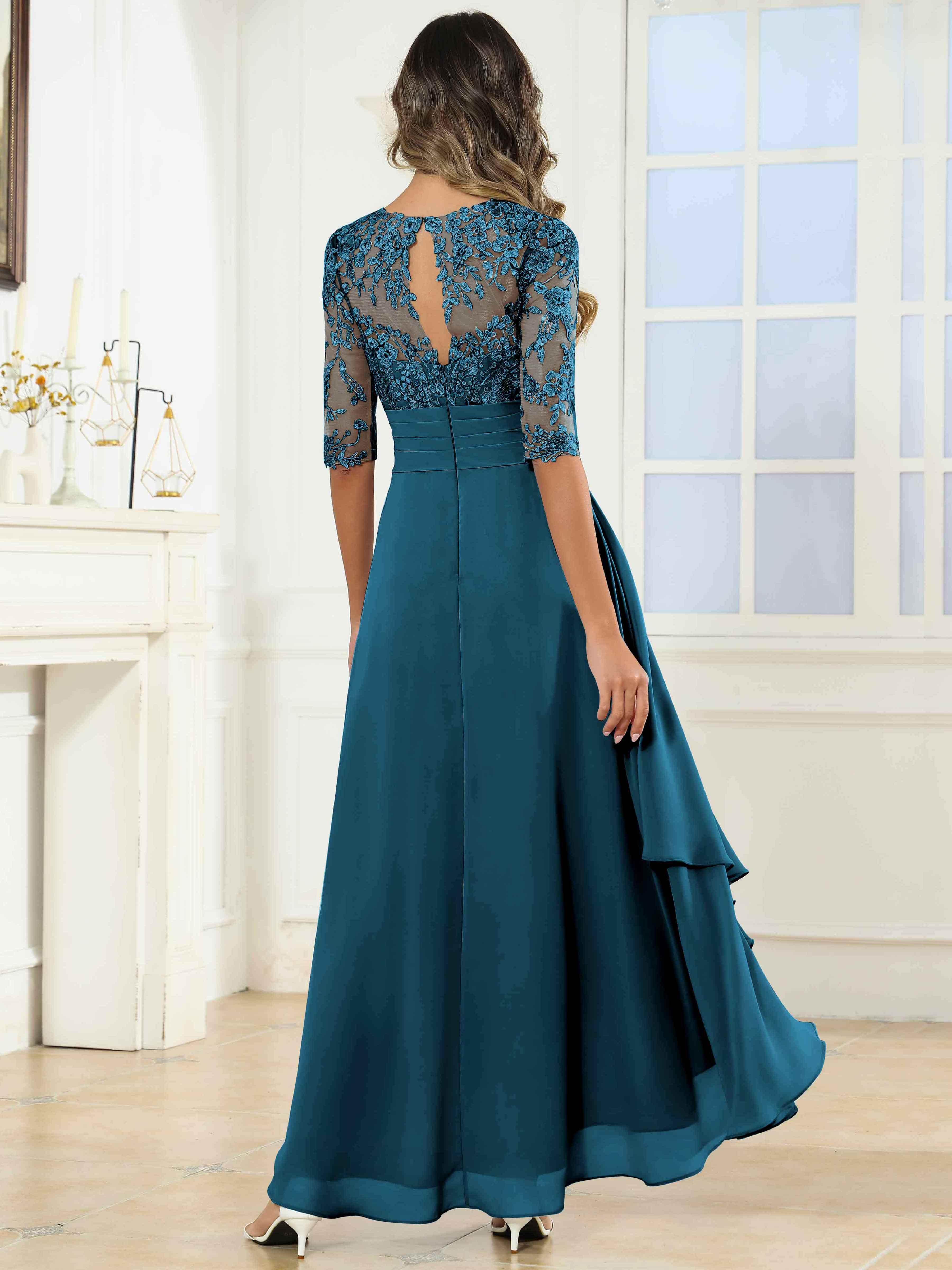 ROVDESY Tea Length A-Line Lace Chiffon Mother Of The Bride Dress With Half Sleeves