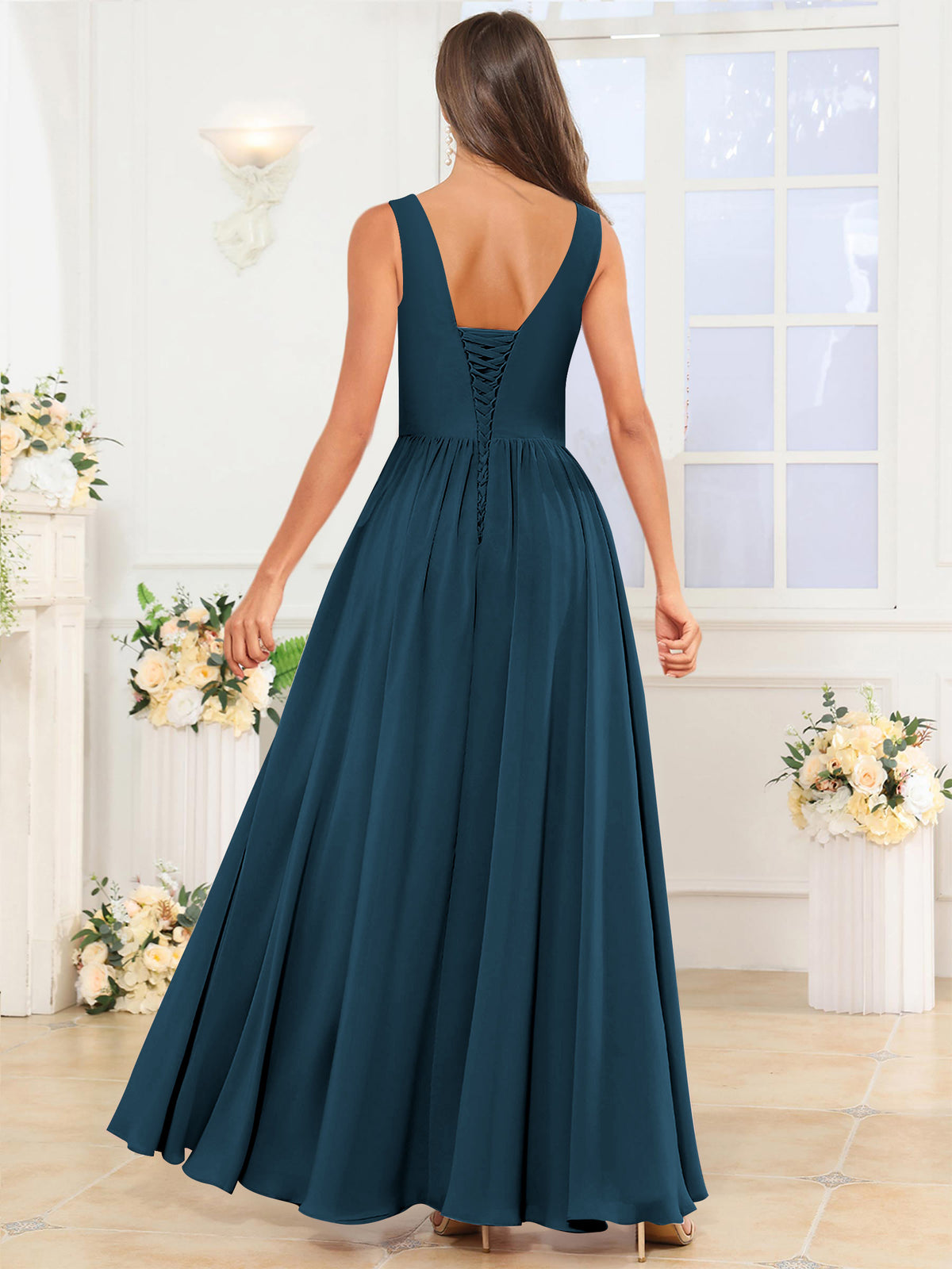 V Neck Chiffon A Line Bridesmaid Dress with Slit