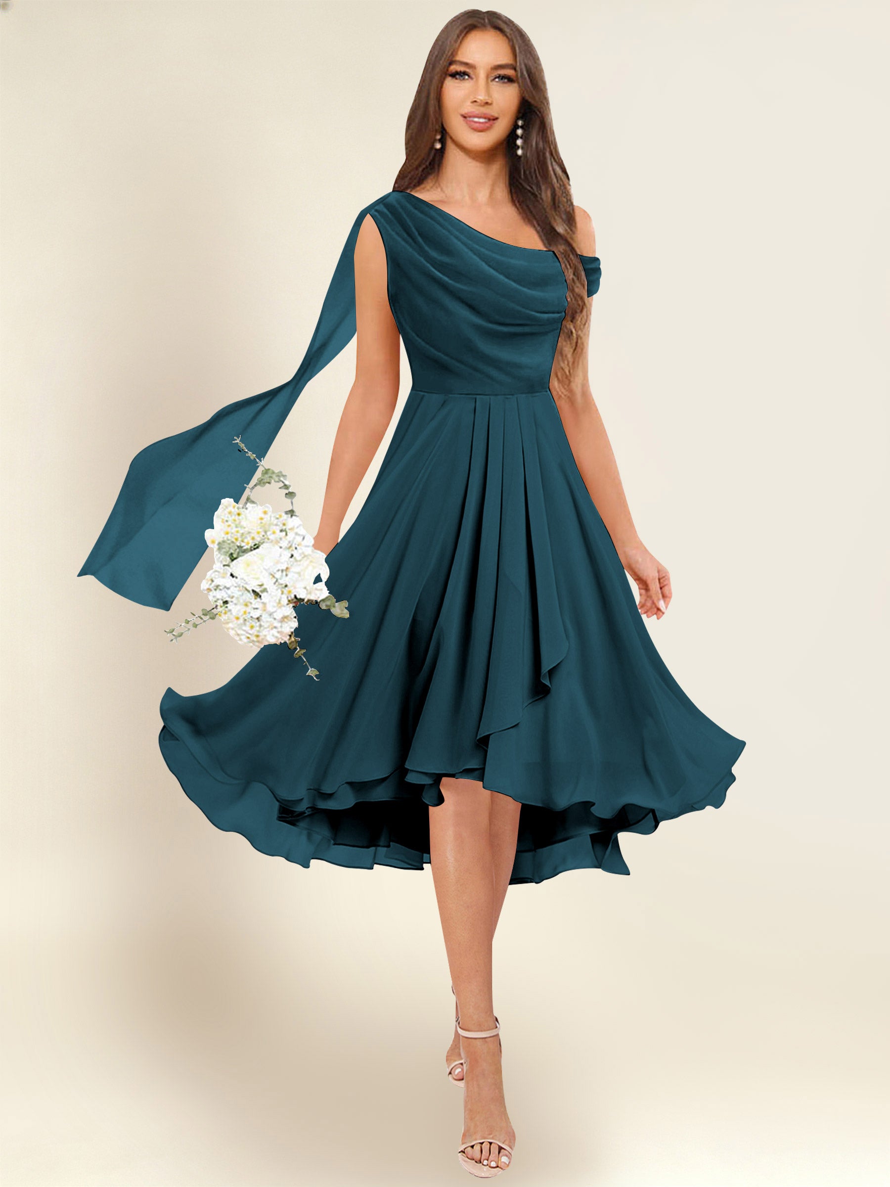 ROVDESY A-Line One Shoulder Pleated Chiffon Bridesmaid Dress With Flowing Sash