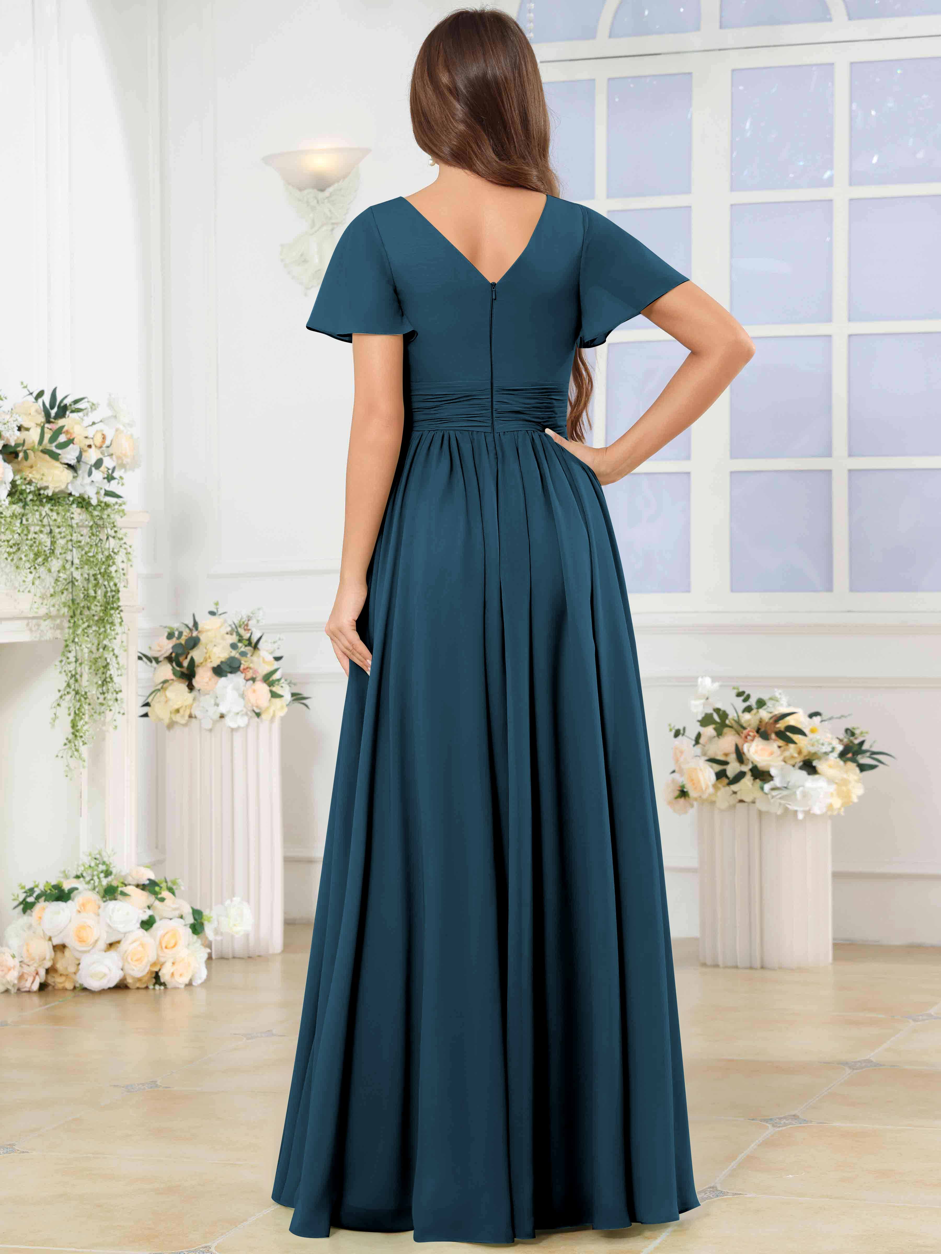 ROVDESY A-Line V-Neck Slit Pleated Ruffle Chiffon Bridesmaid Dress With Short Sleeves