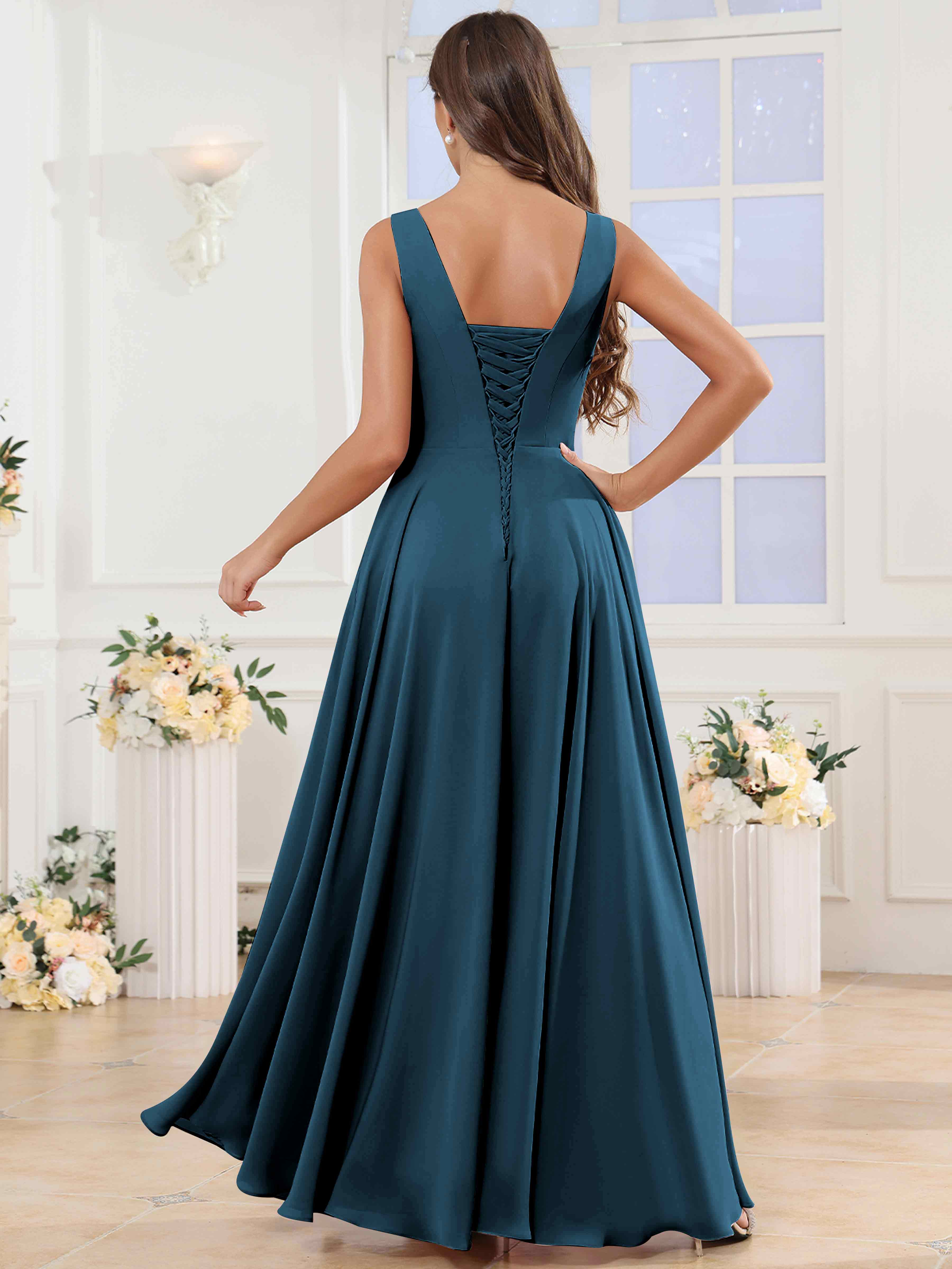 ROVDESY V-Neck Pleated Sleeveless Ruffle Chiffon Bridesmaid Dress With Slit