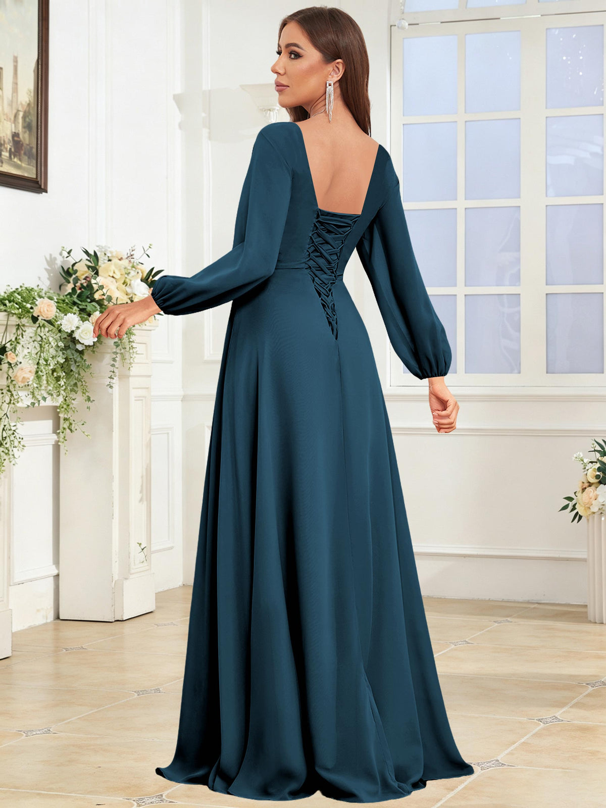 V Neck Chiffon Long Sleeve Bridesmaid Dresses with Slit