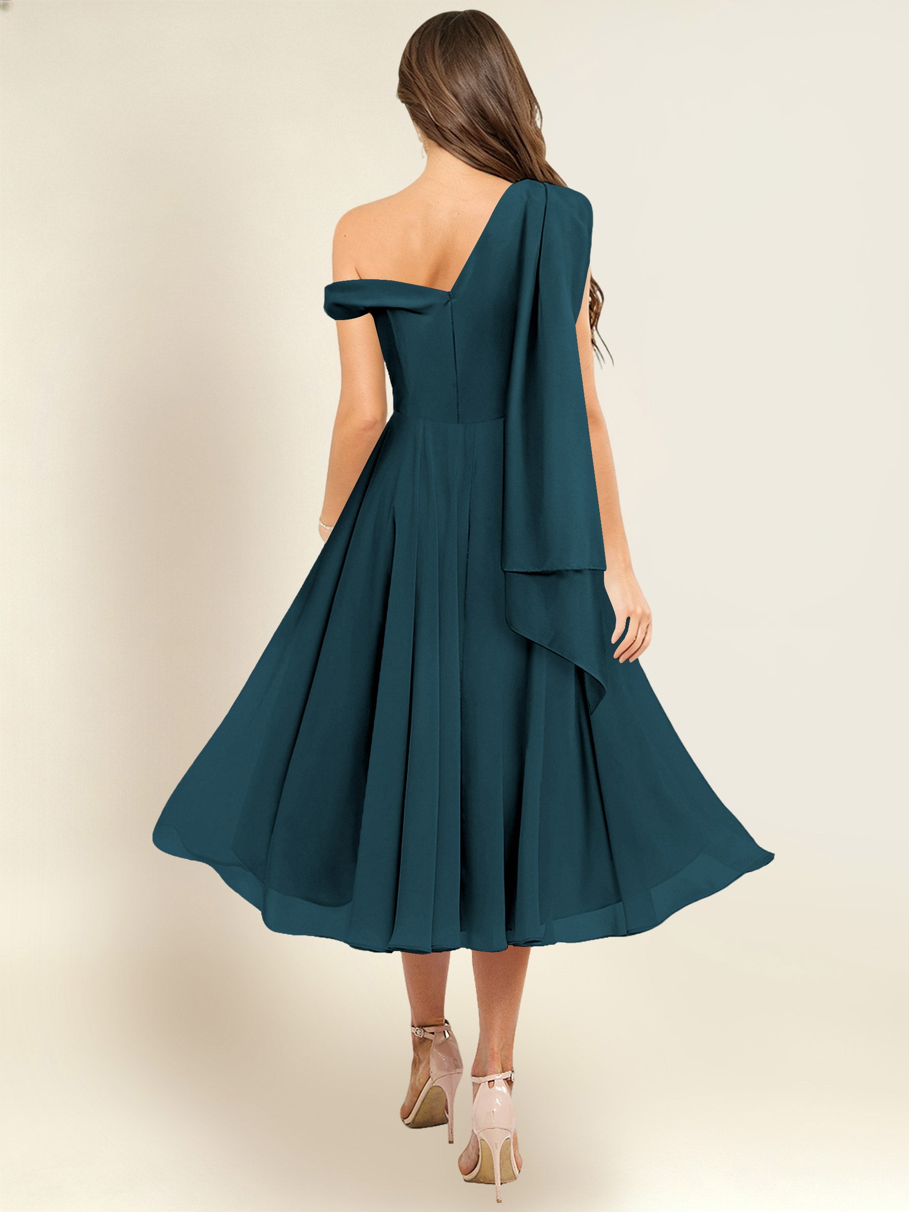 ROVDESY A-Line One Shoulder Pleated Chiffon Bridesmaid Dress With Flowing Sash