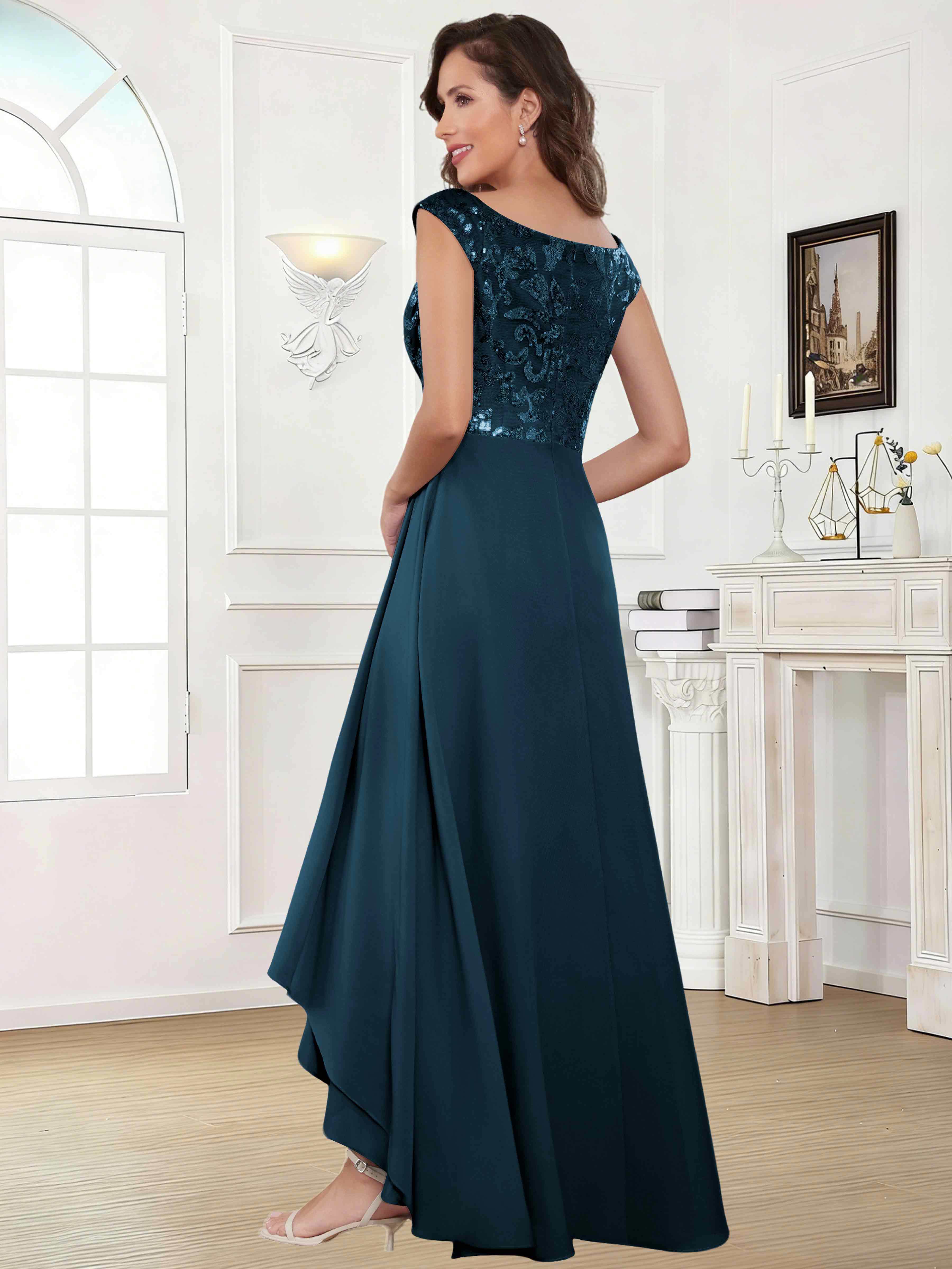 ROVDESY Tea Length Off-The-Shoulder Sequin Chiffon Mother Of The Bride Dress