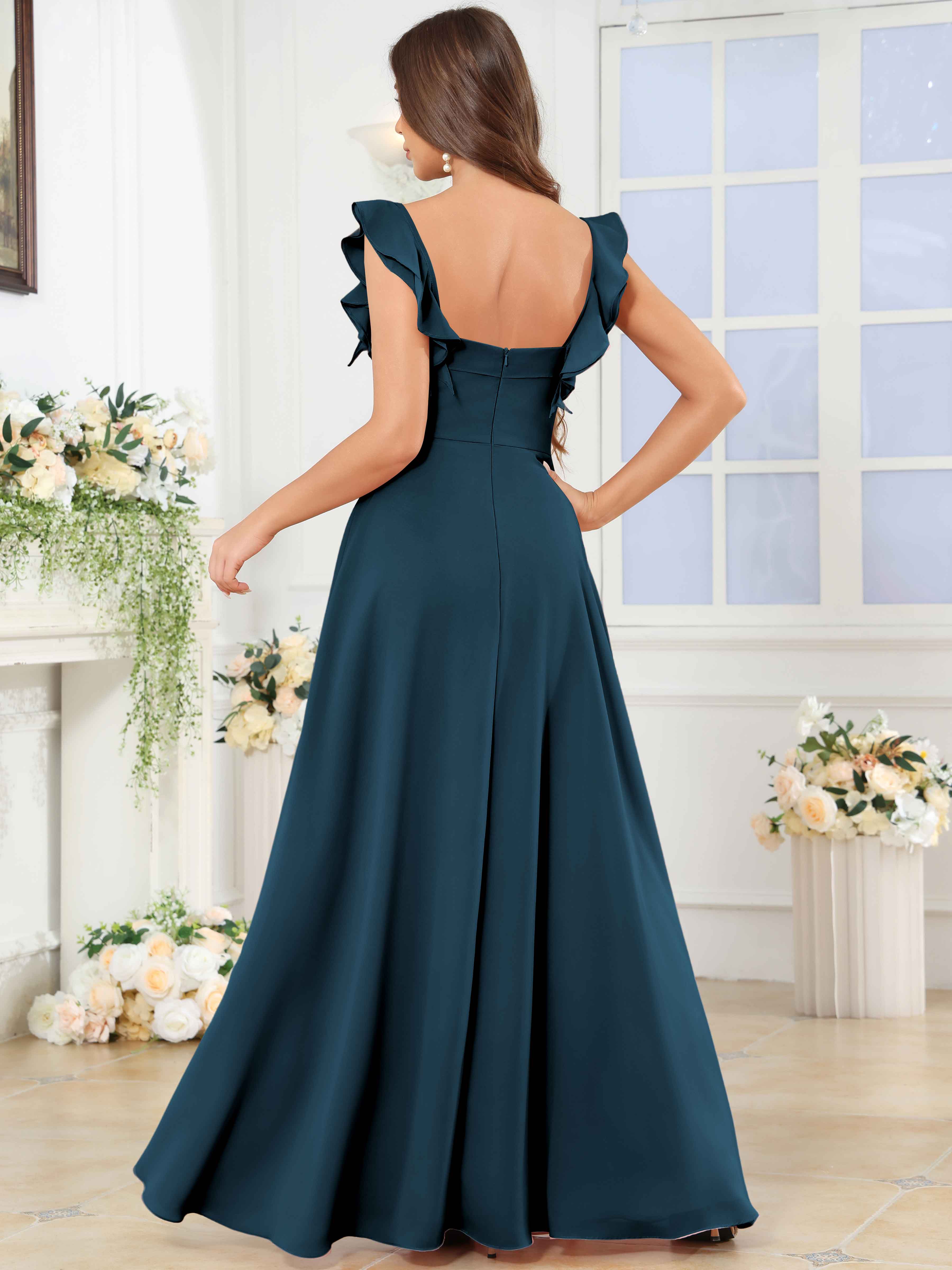 ROVDESY Square Neck Ruffle Chffion Bridesmaid Dress With Slit