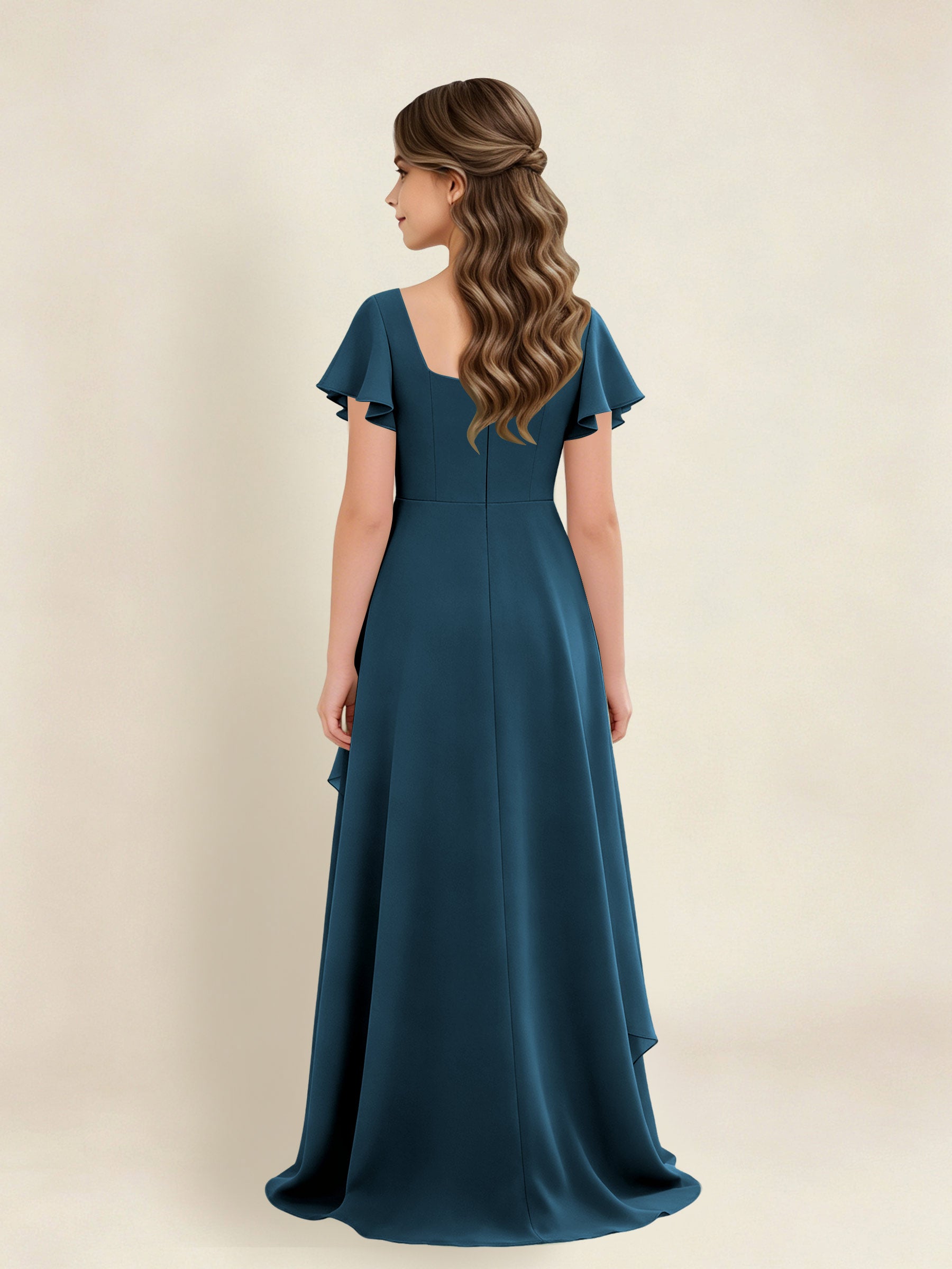 ROVDESY A-Line Square Neck Ruffle Chiffon Junior Bridesmaid Dress With Short Sleeves