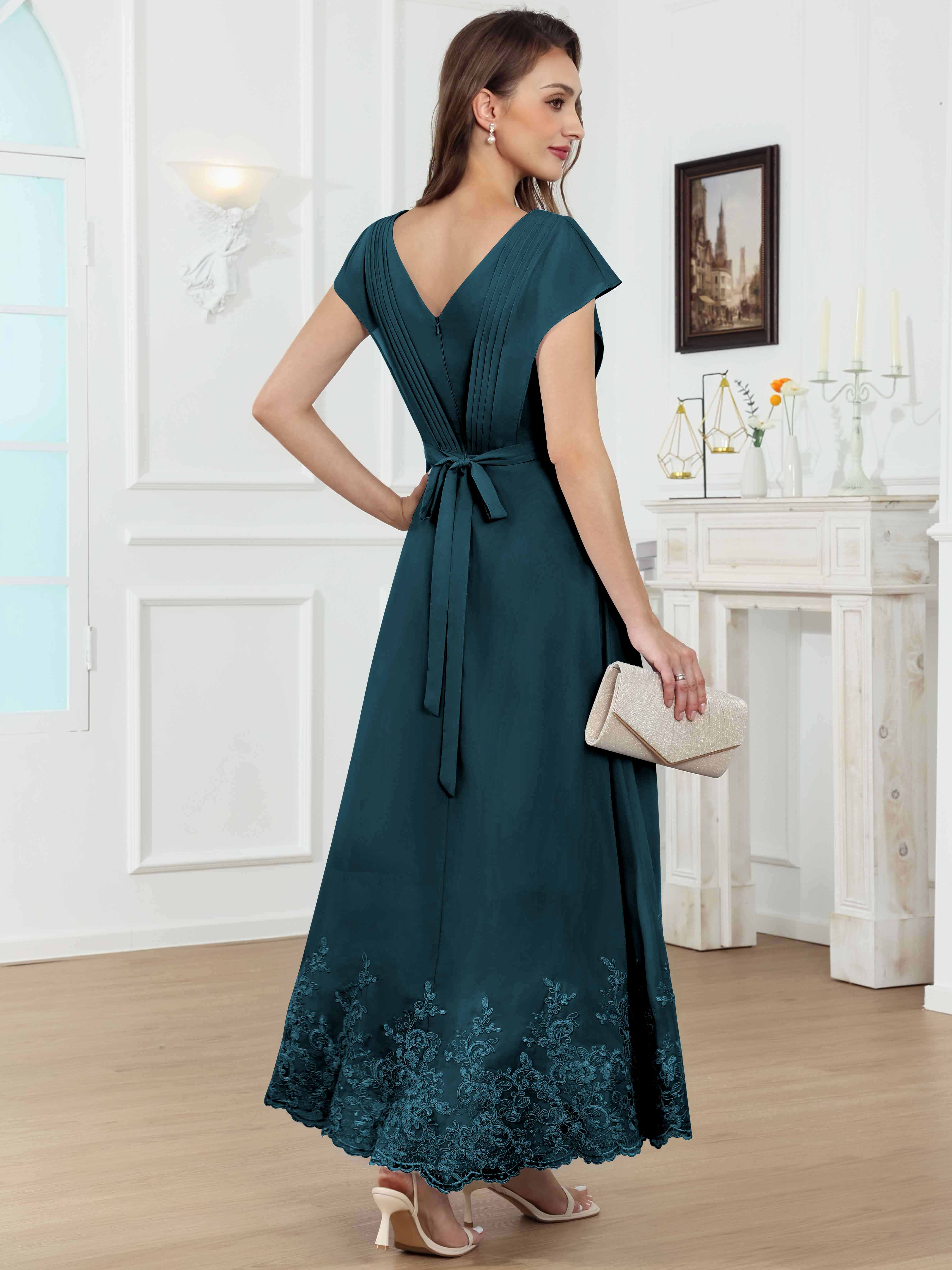 ROVDESY Tea Length High-Low V-Neck Ruched Lace Chiffon Mother of The Bride Dress for Women