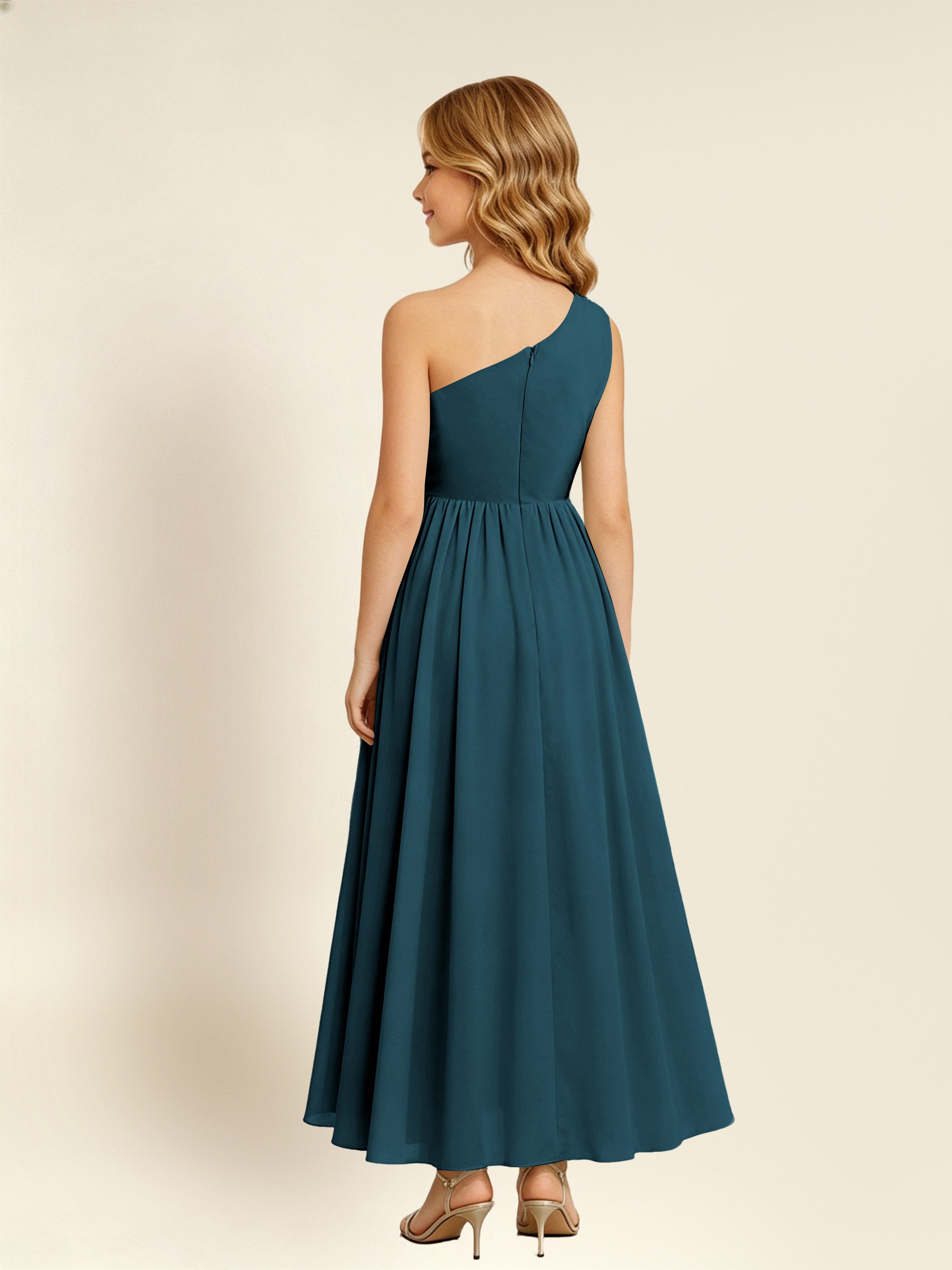 ROVDESY One Shoulder Twist Waist Chiffon Junior Bridesmaid Maxi Dress