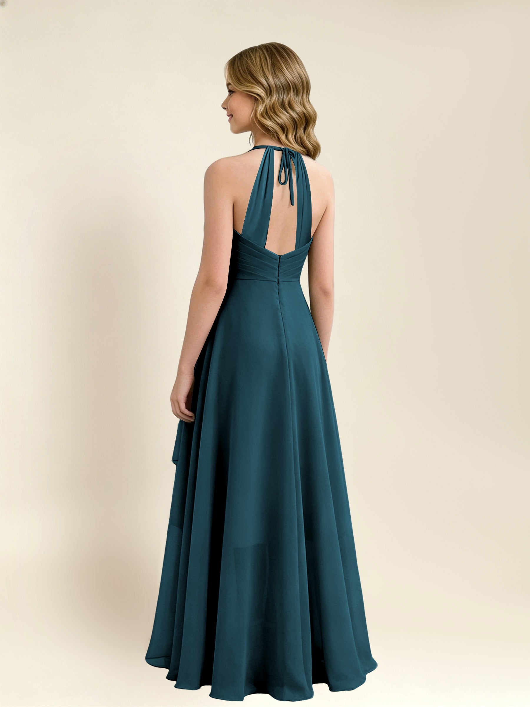 ROVDESY A-Line Halter Pleated Chiffon Junior Bridesmaid Dress