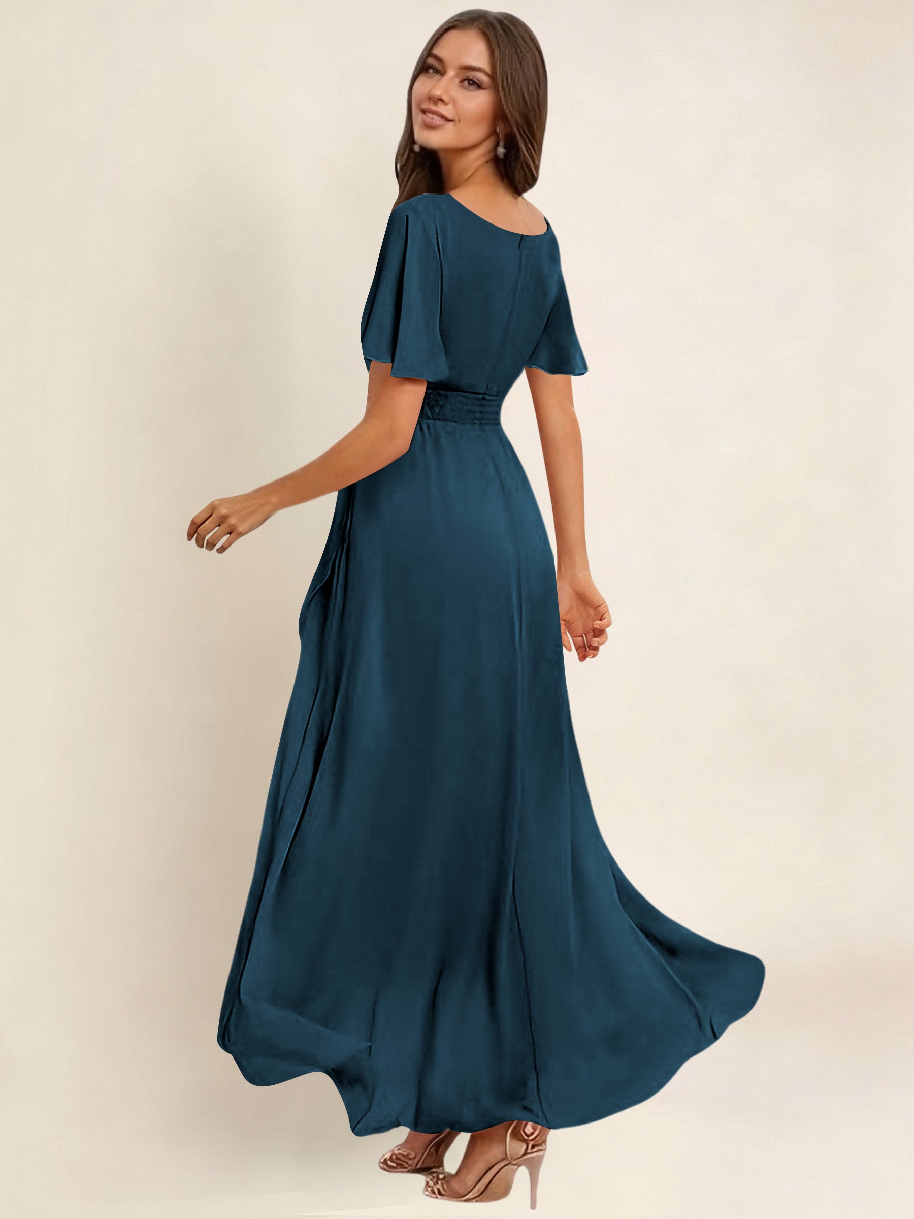 ROVDESY A-Line High Low Round Neck Pleated Ruffle Chiffon Bridesmaid Dress With Short Sleeves