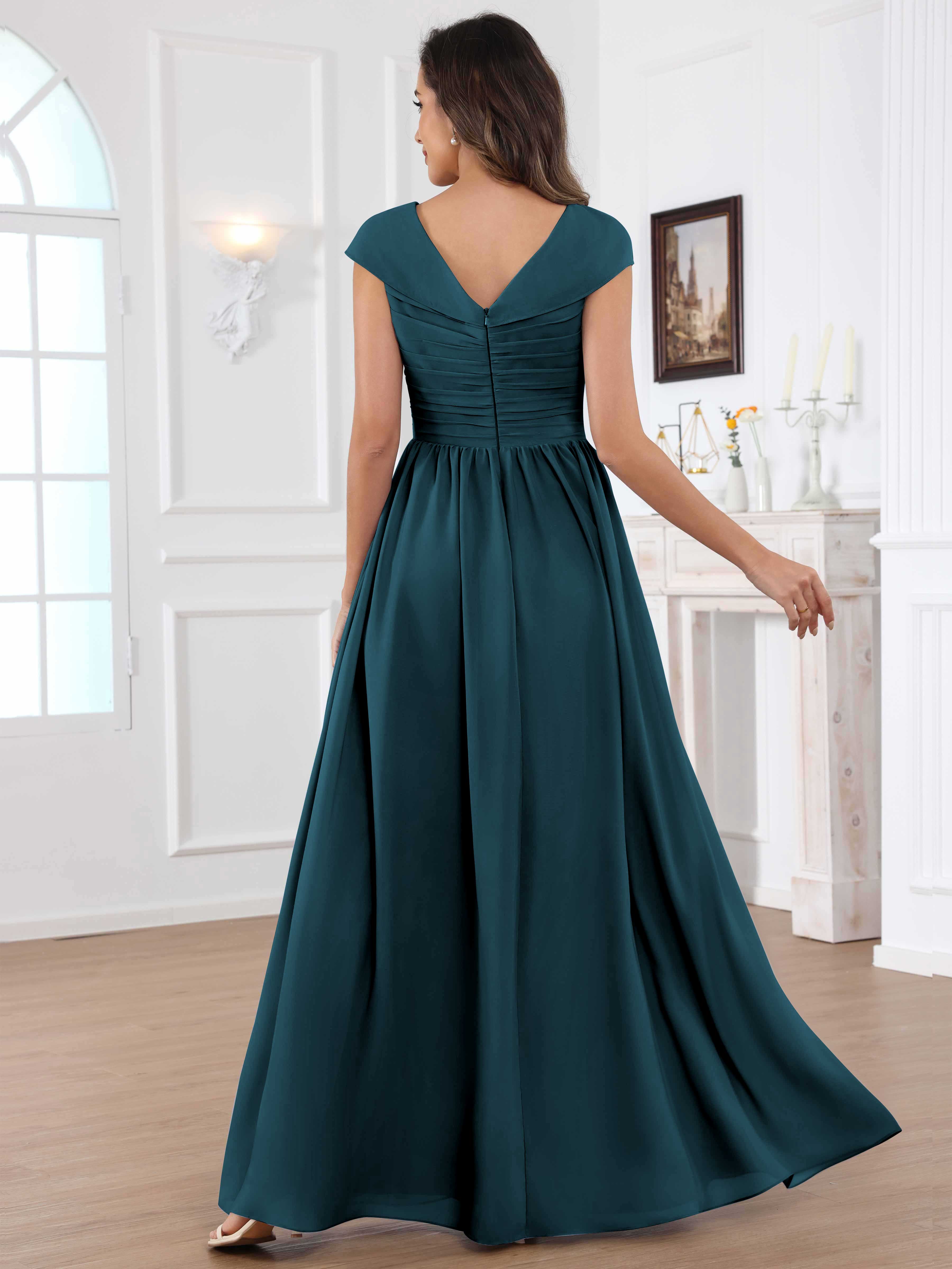 ROVDESY A-Line Cap Sleeves Pleated Chiffon Mother Of The Bride Dress