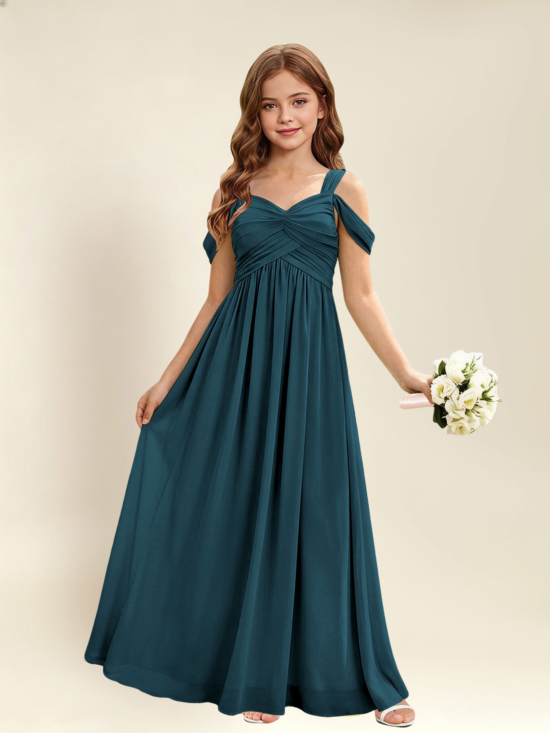 ROVDESY A-Line Off The Shoulder Pleated Chiffon Junior Bridesmaid Dress