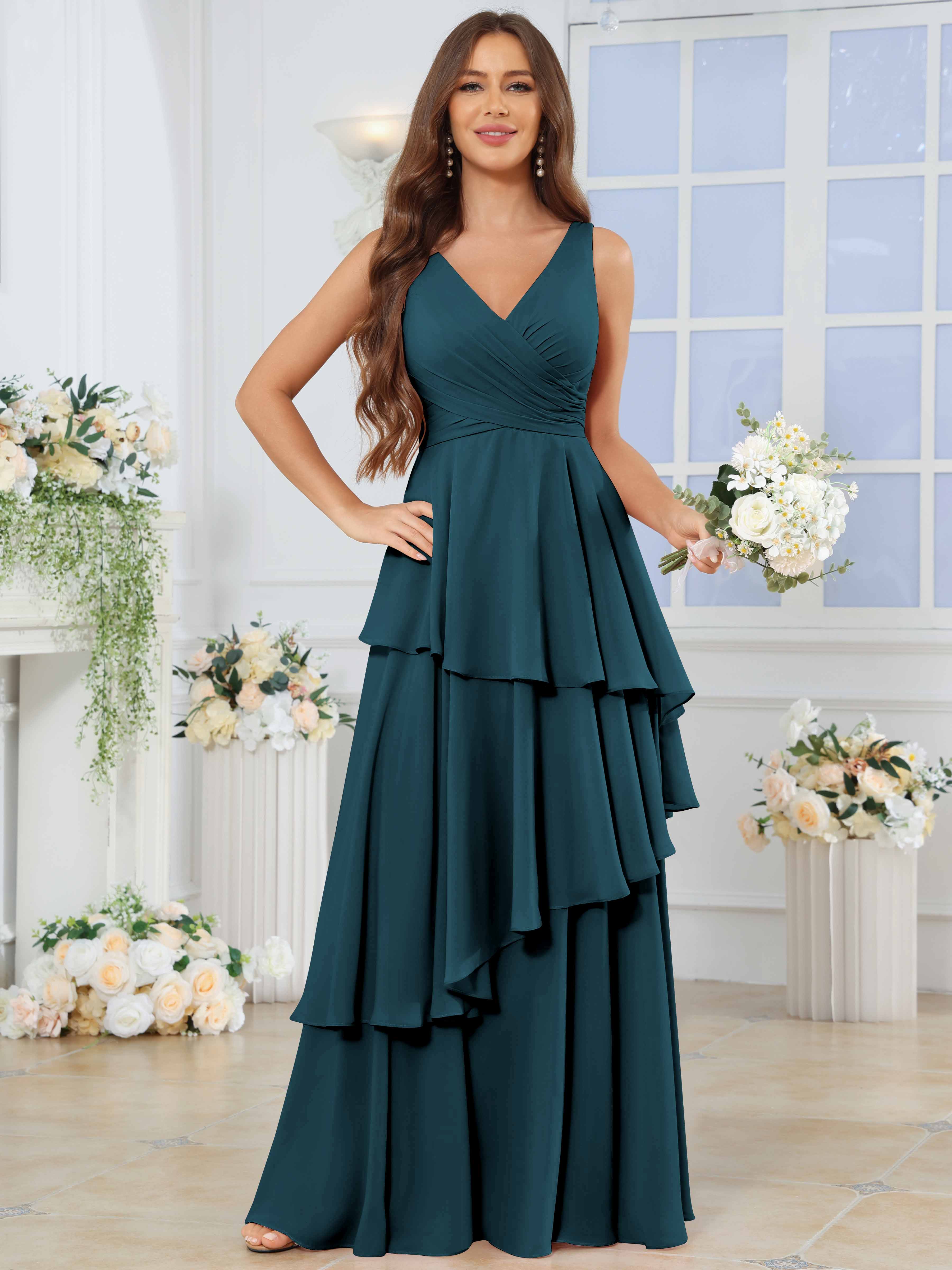 ROVDESY Long Sleeveless V-Neck Tiered Pleated Chiffon Bridesmaid Dress