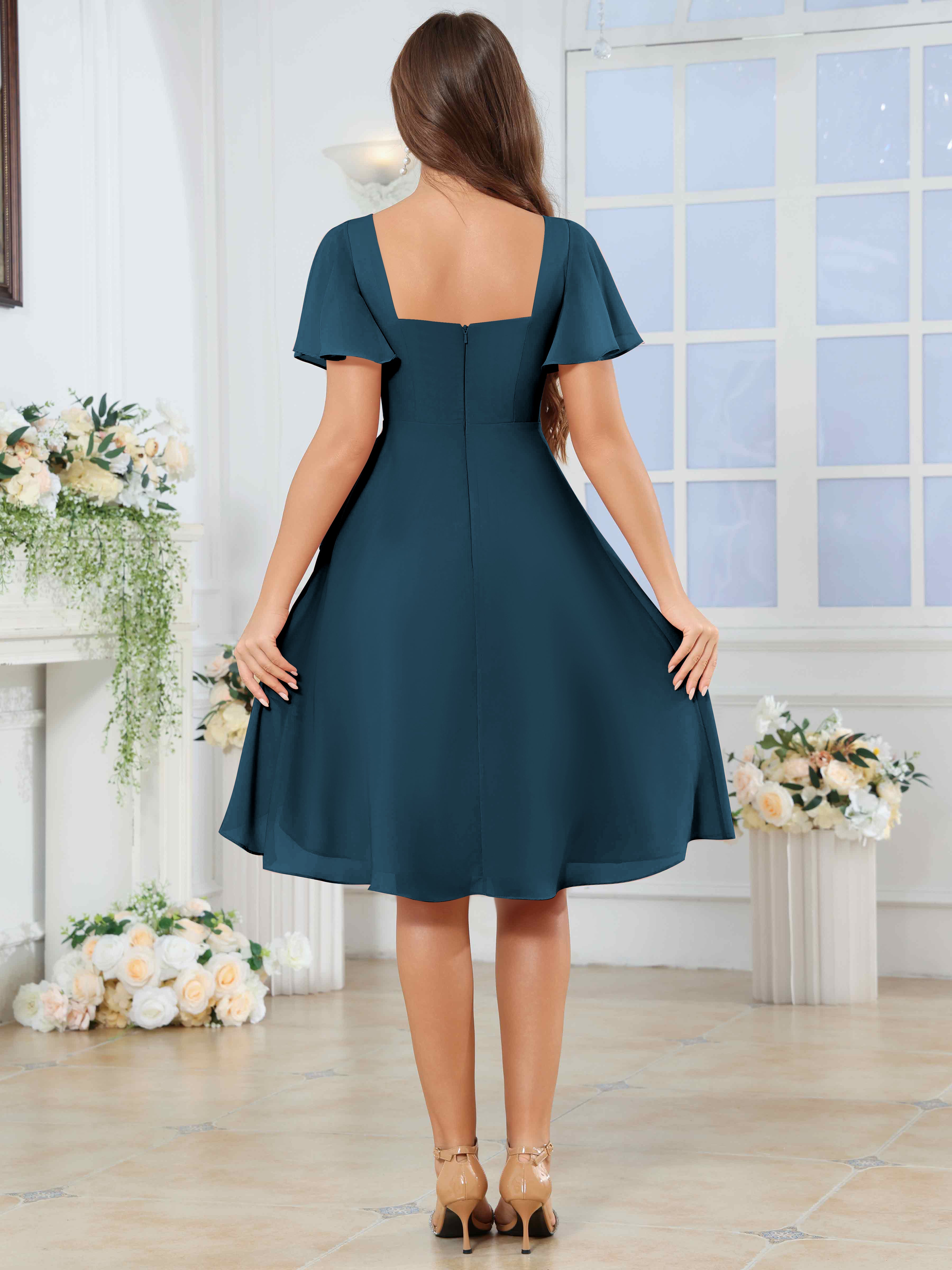 ROVDESY Knee Length V-Neck Pleated Chiffon Bridesmaid Dress With Short Sleeves