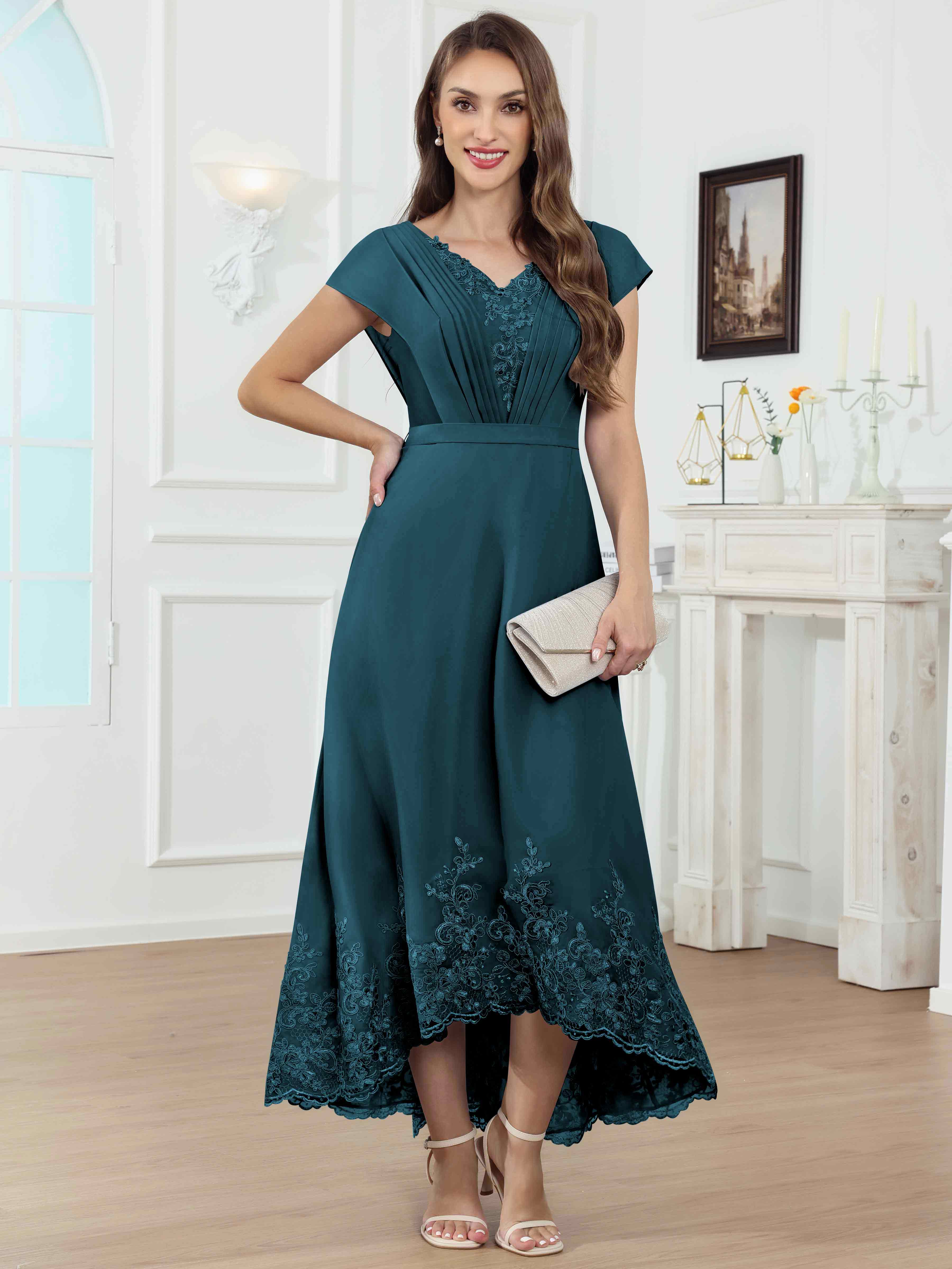 ROVDESY Tea Length High-Low V-Neck Ruched Lace Chiffon Mother of The Bride Dress for Women