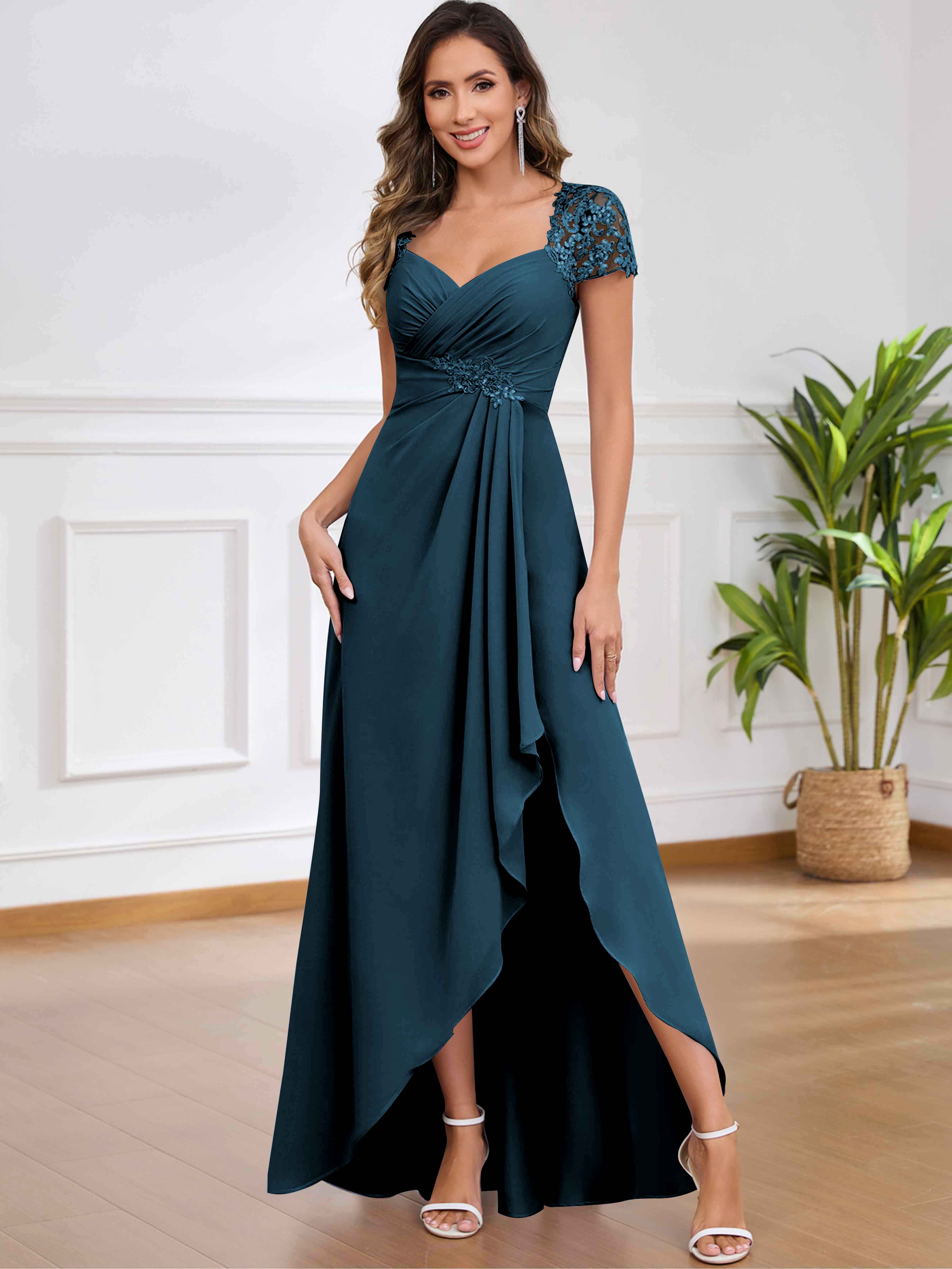 ROVDESY A-Line Pleated Lace Sequin Ruffle Chiffon Mother Of The Bride Dress With Slit