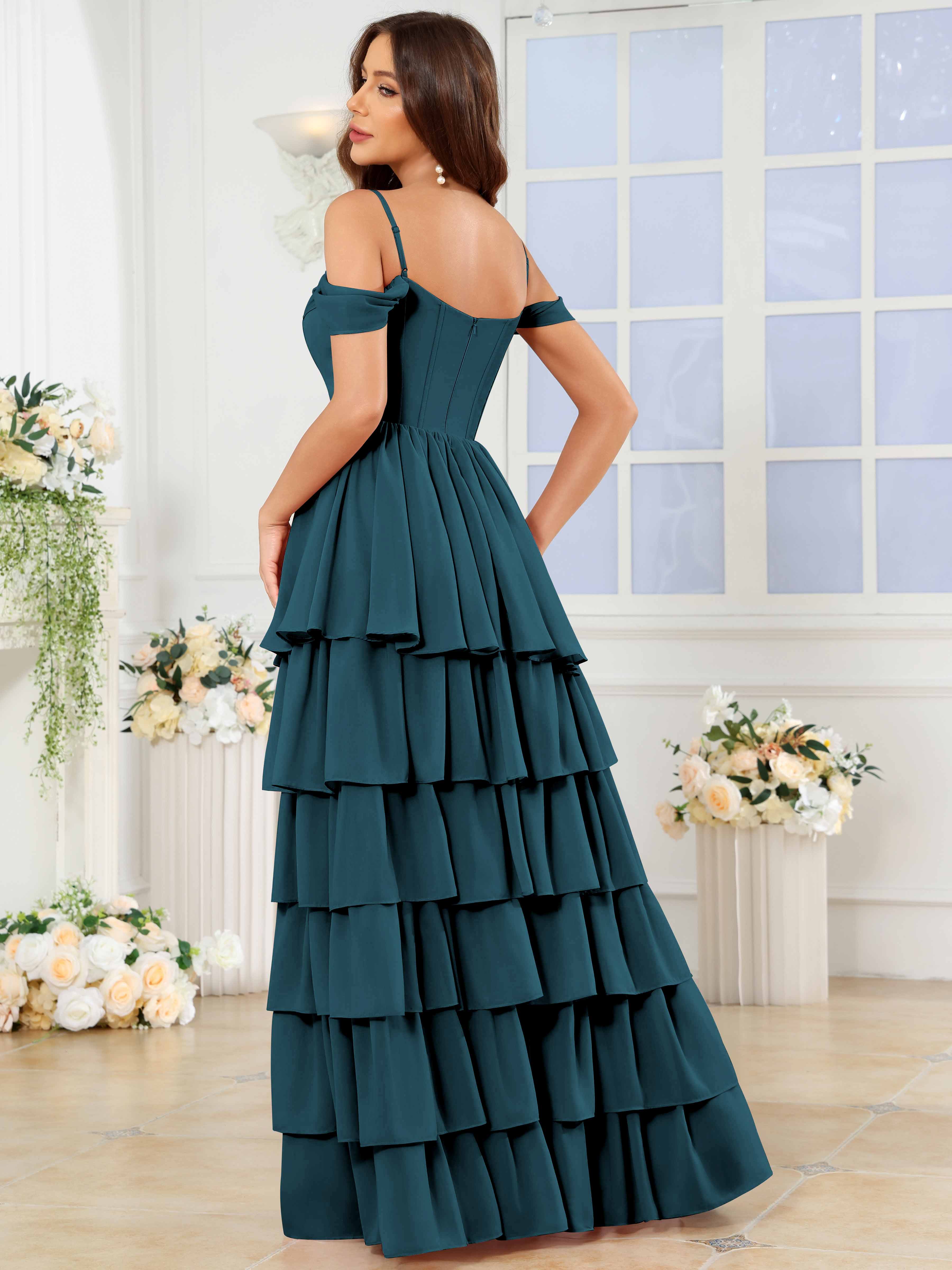 ROVDESY A-Line Off The Shoulder Tiered Chiffon Bridesmaid/Prom Dress With Slit