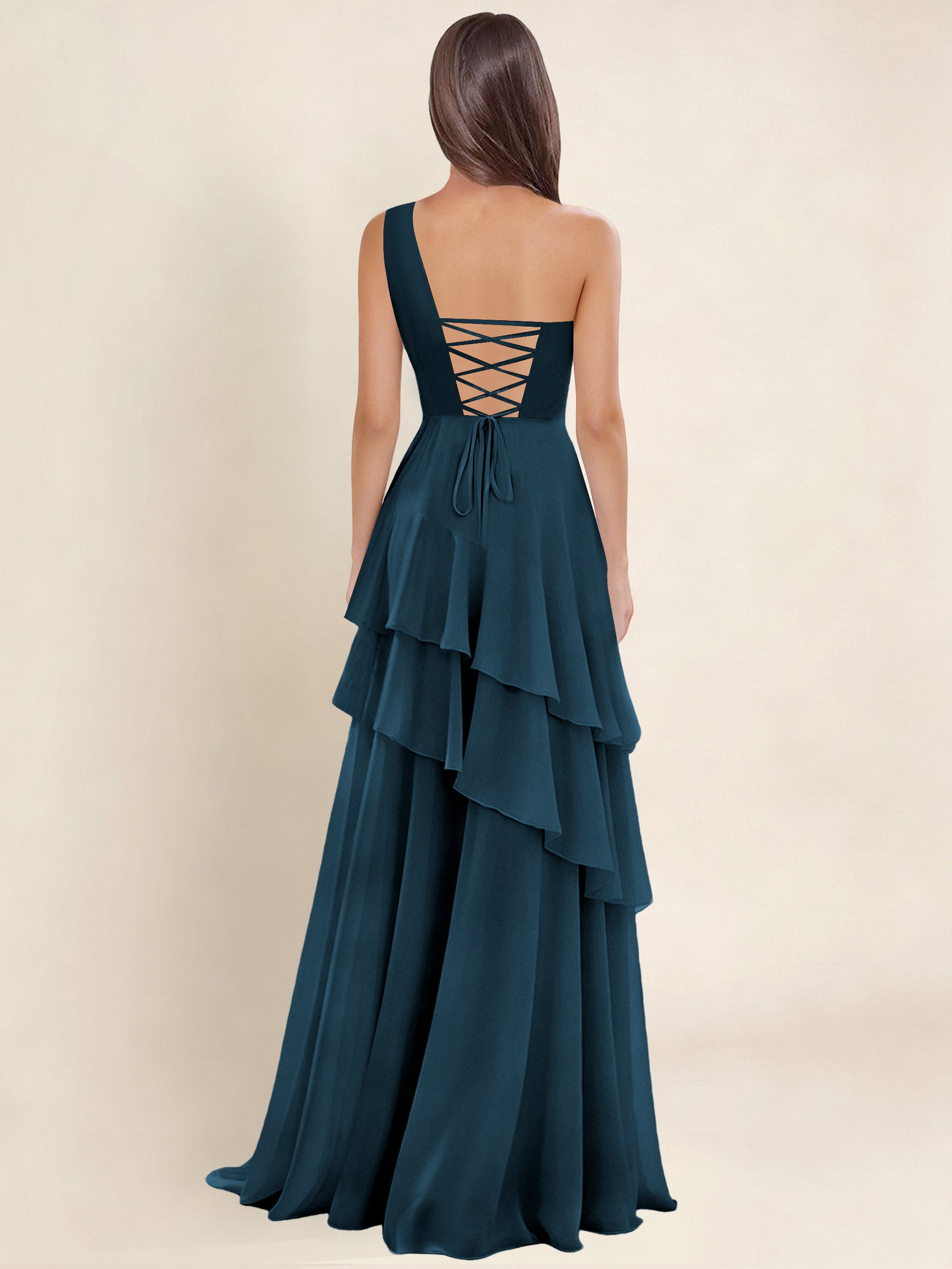 ROVDESY A-Line One Shoulder Pleated Tiered Chiffon Bridesmaid Dress