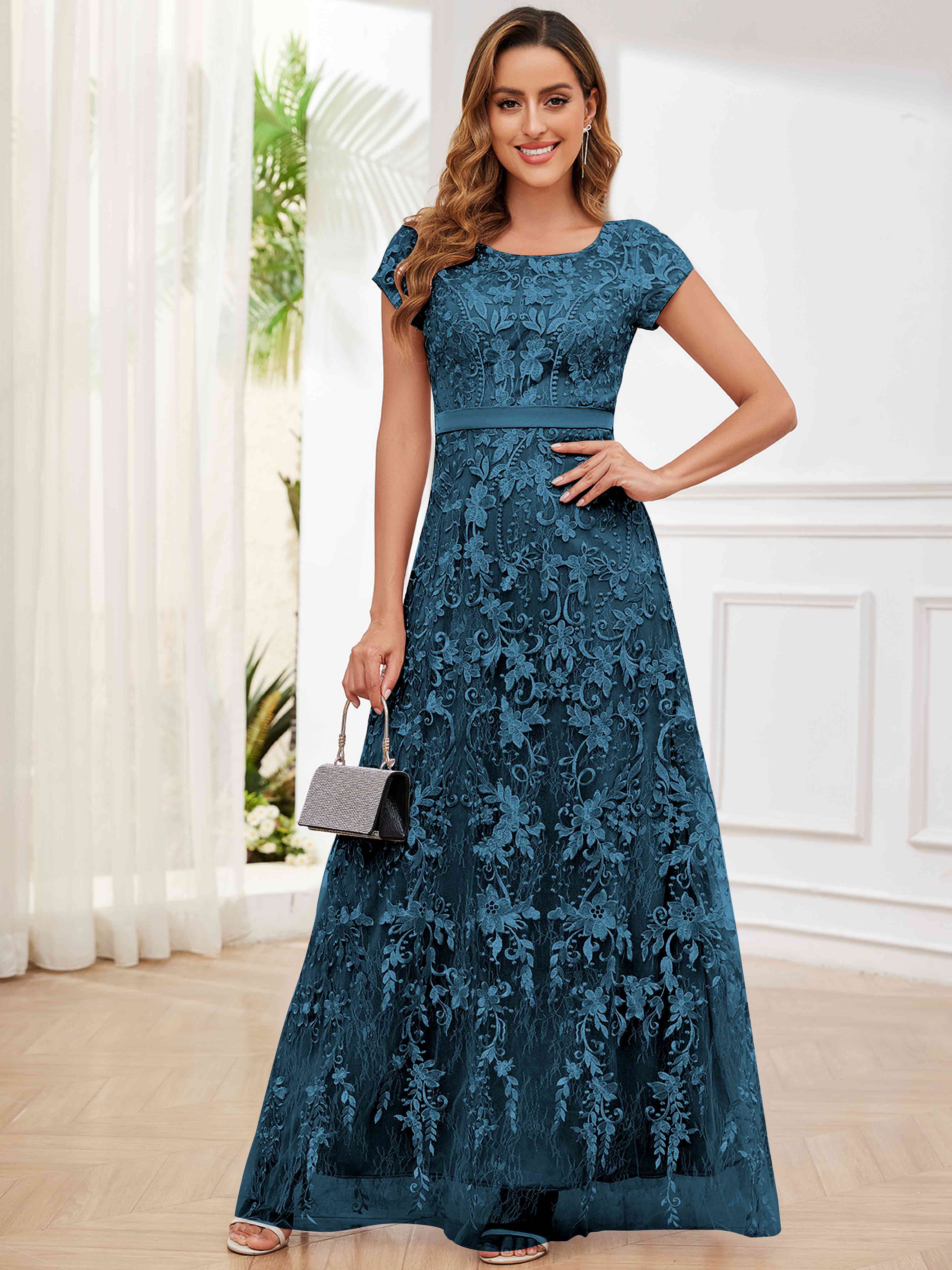 ROVDESY Elegant Lace Mother Of The Bride Dress With Short Sleeves Formal Gown