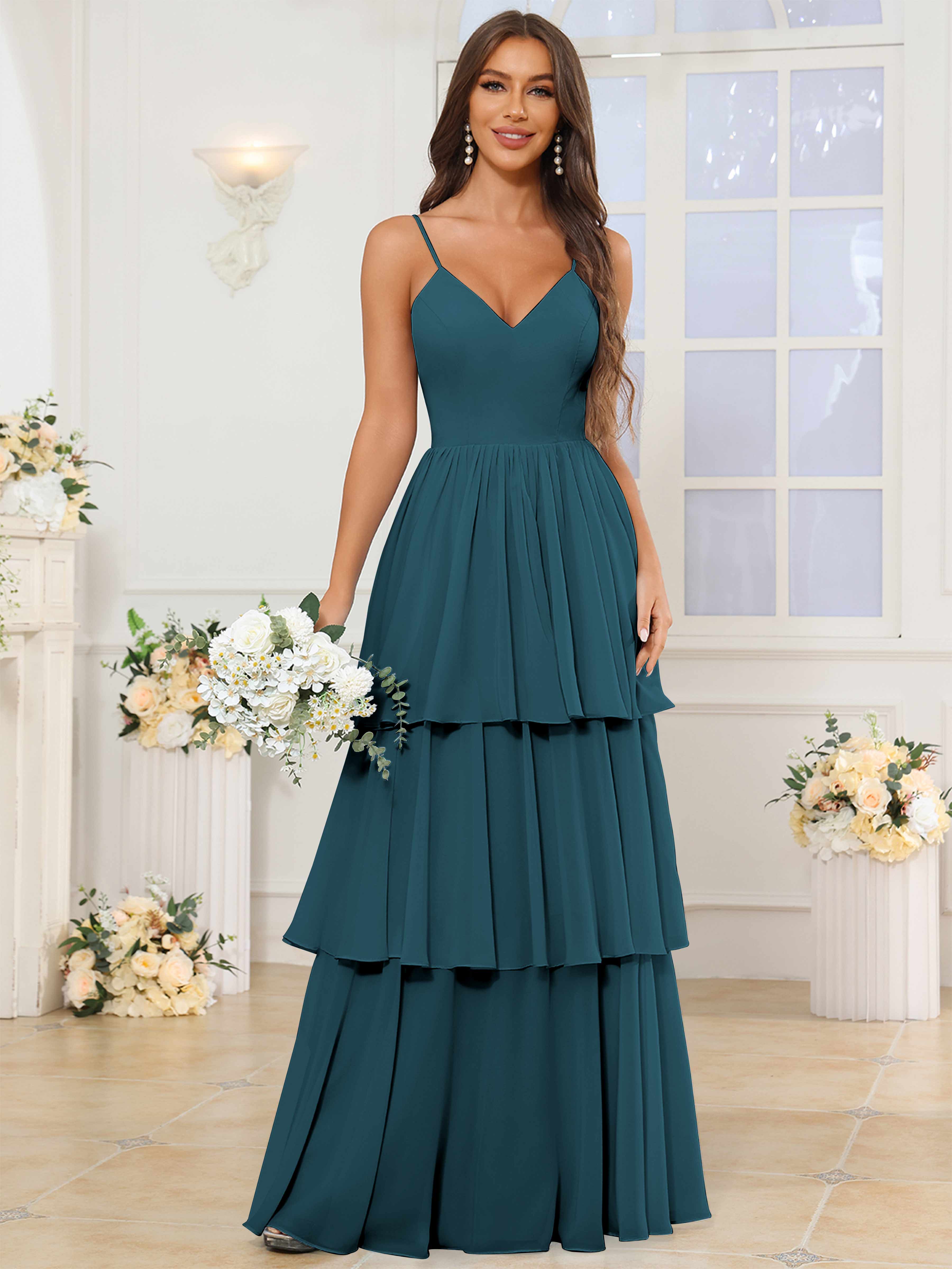ROVDESY V-Neck Spaghetti Straps Tiered Chiffon Bridesmaid Dress With Ruffles