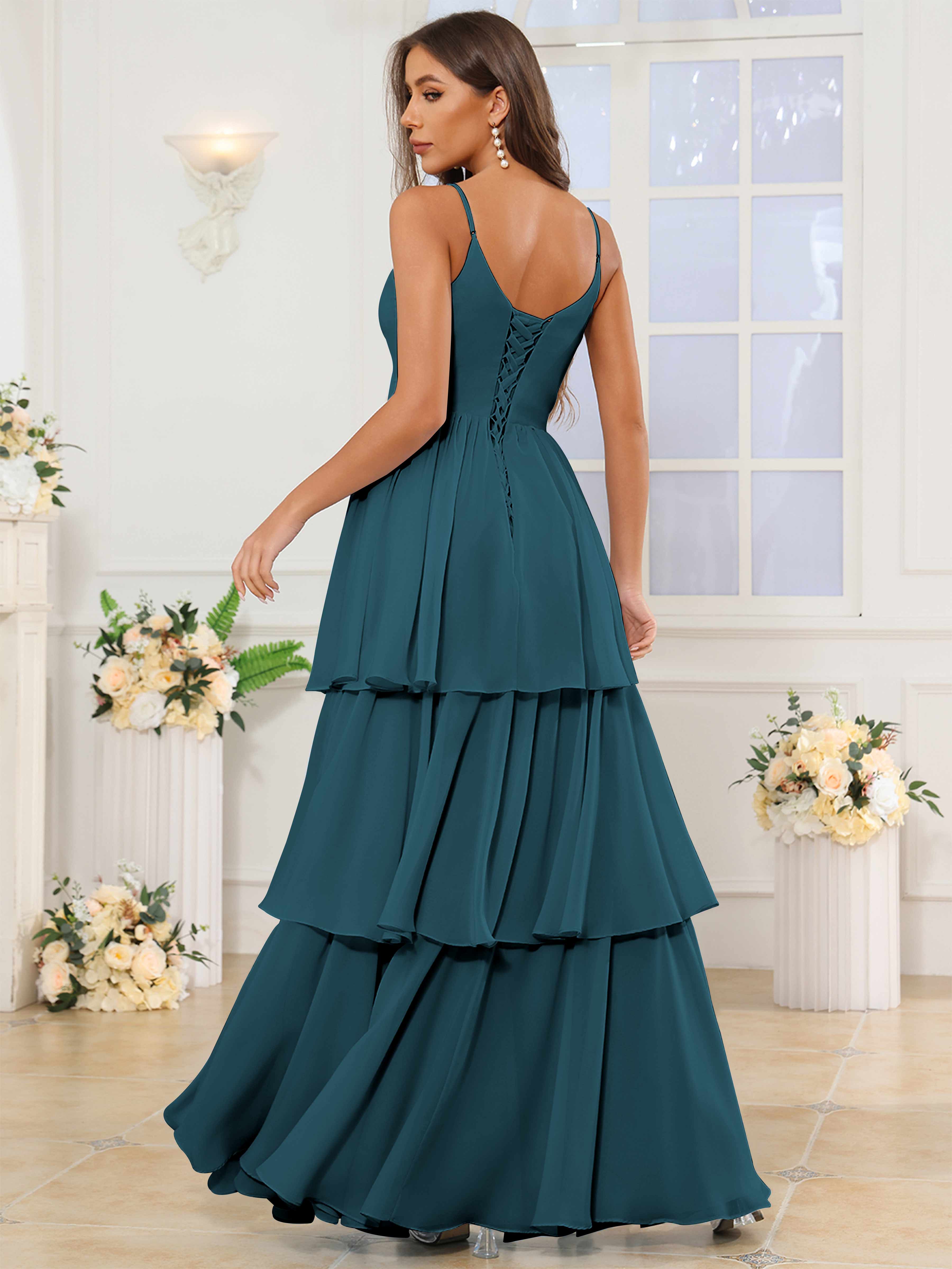 ROVDESY V-Neck Spaghetti Straps Tiered Chiffon Bridesmaid Dress With Ruffles