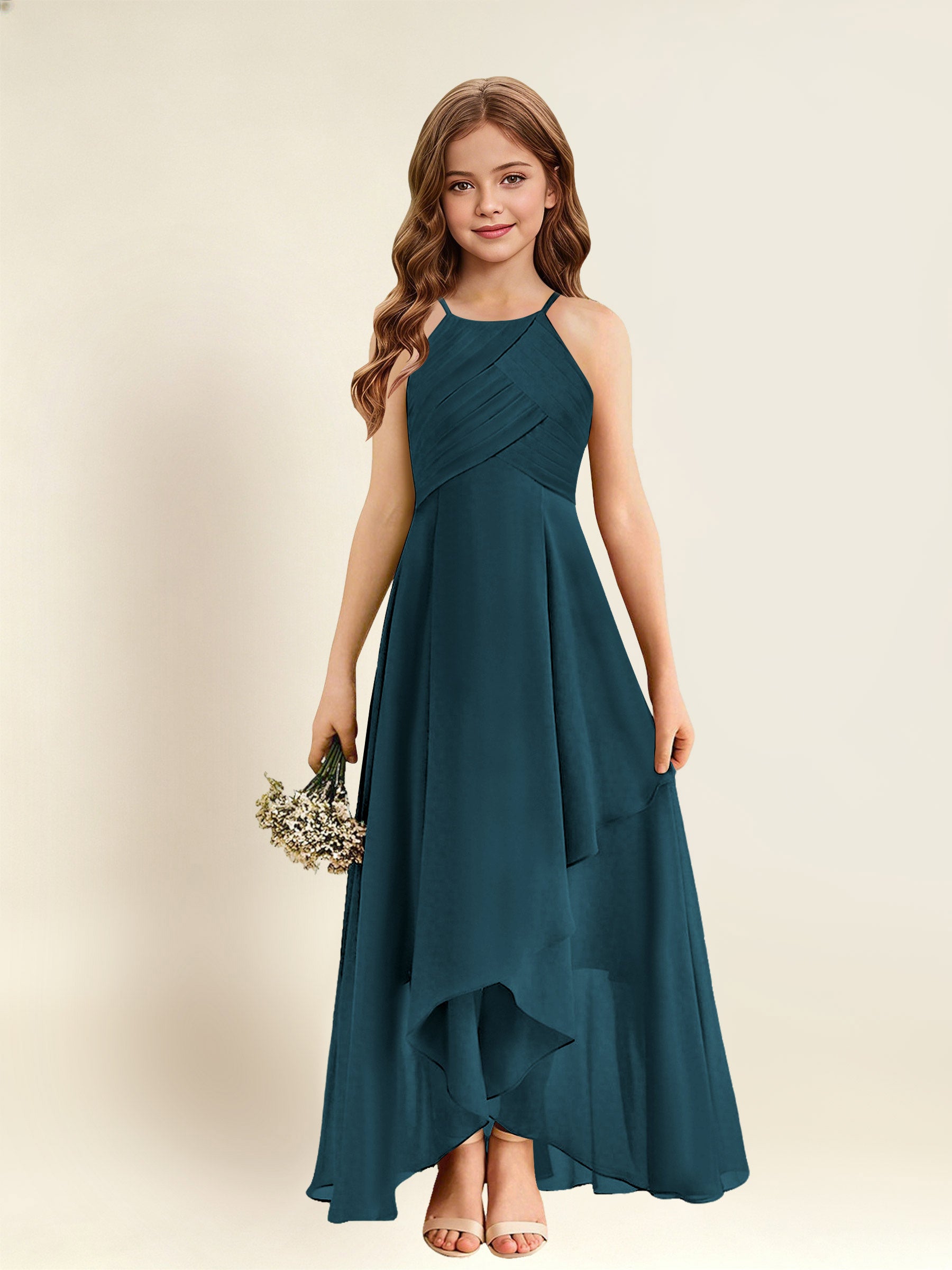 ROVDESY A-Line Halter Pleated Chiffon Junior Bridesmaid Dress