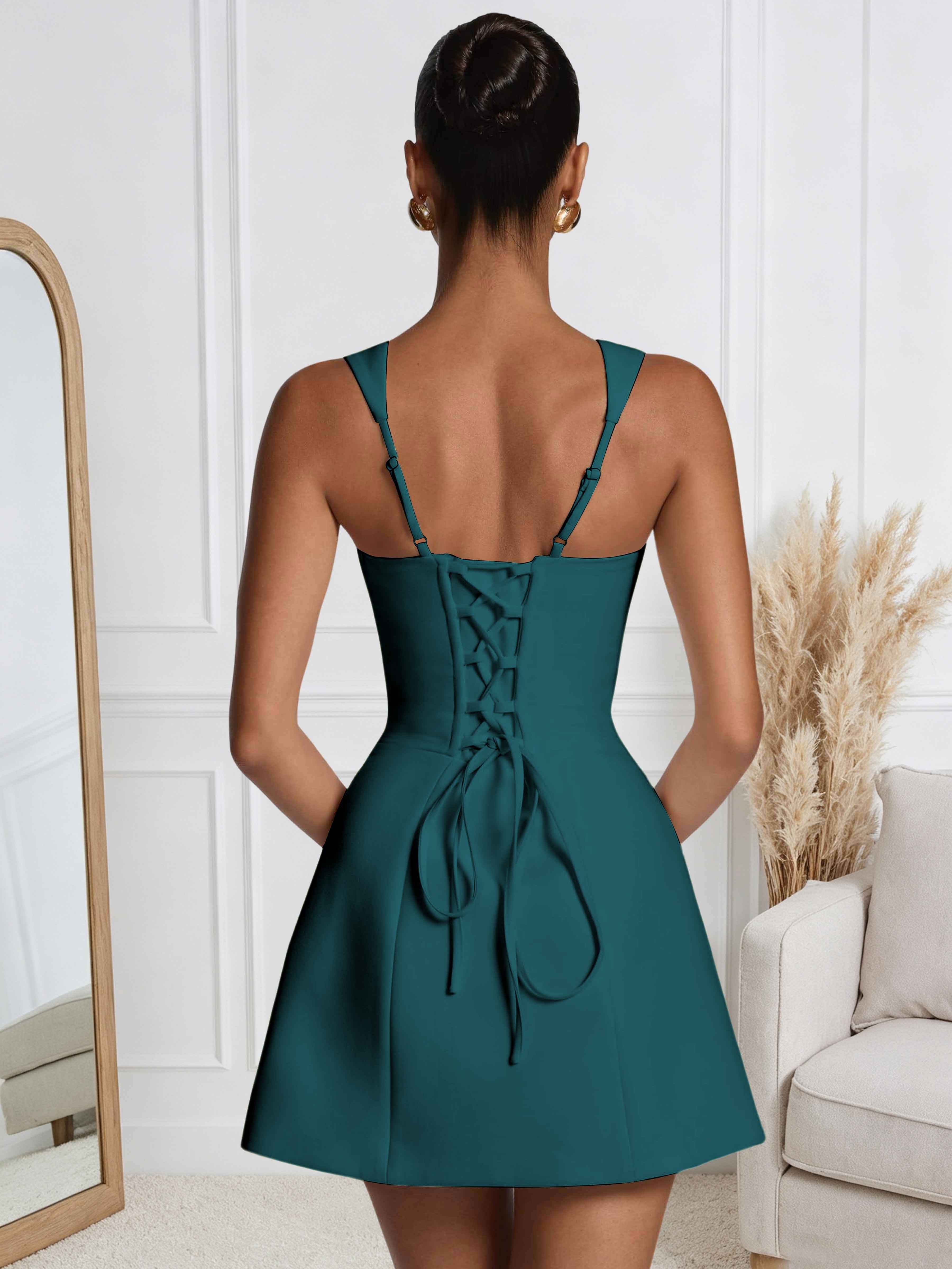 ROVDESY A-Line Square Neck Satin Homecoming Mini Dress
