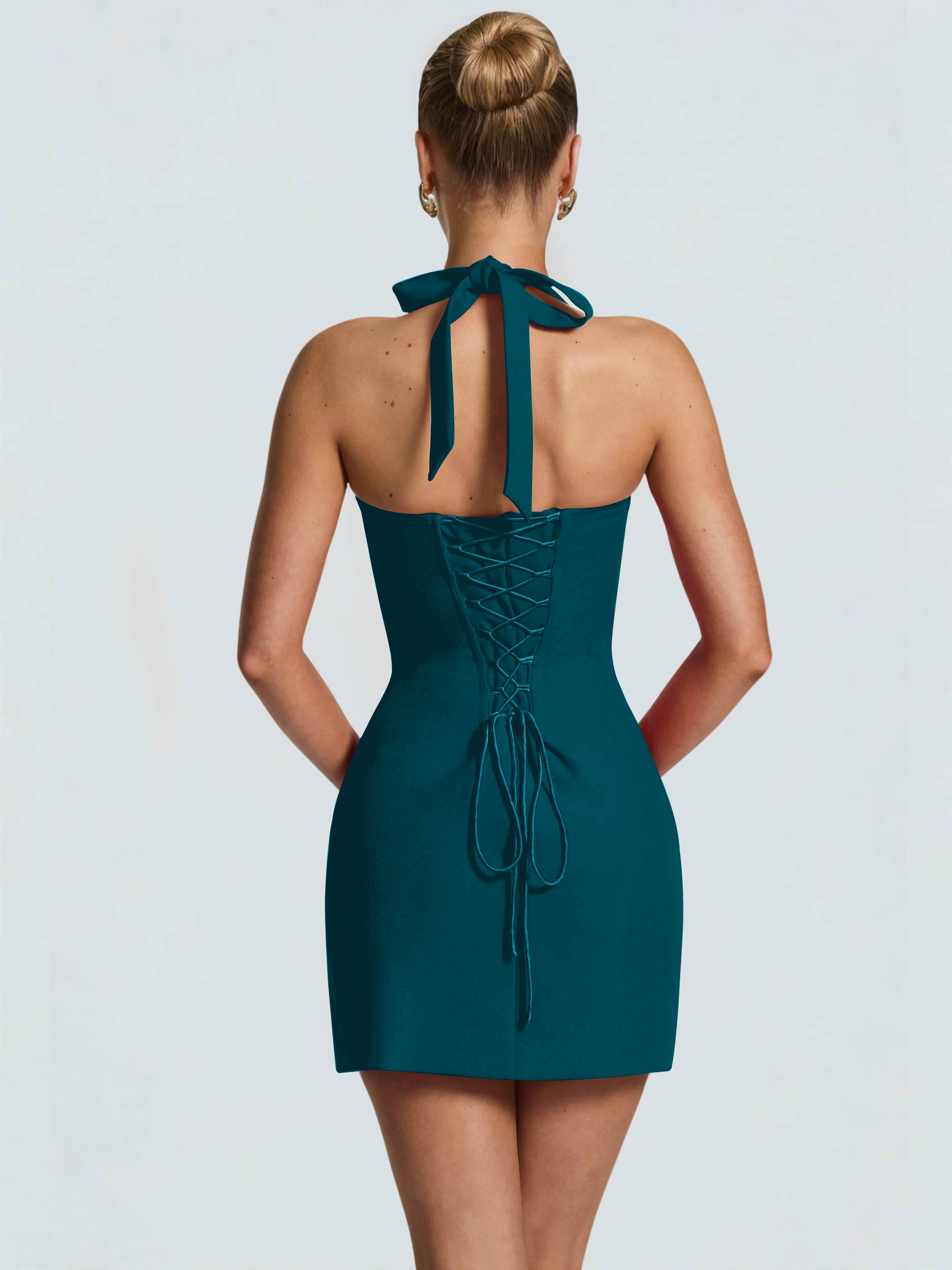 ROVDESY Halter Lace Satin Tight Homecoming Mini Dress