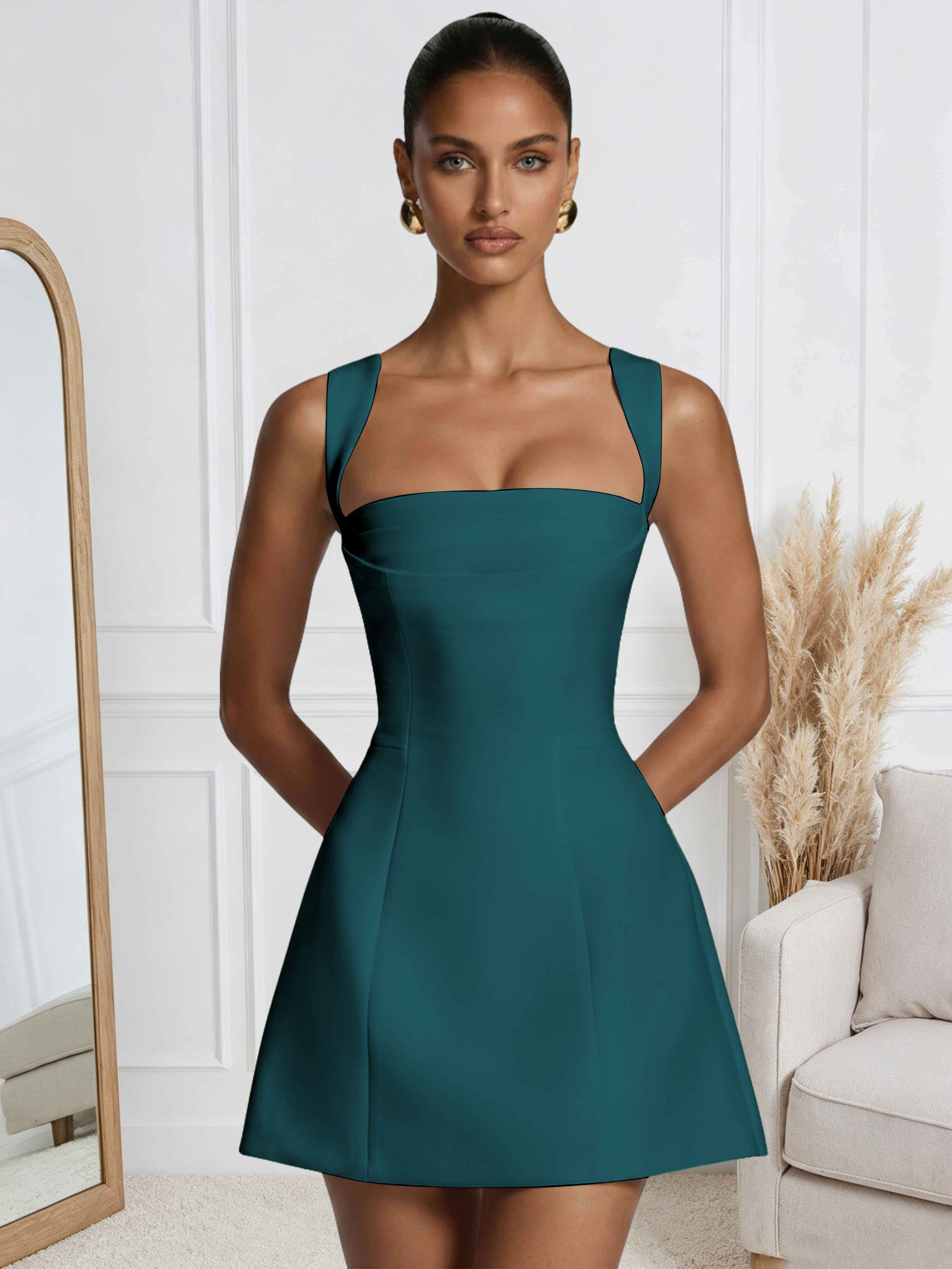 ROVDESY A-Line Square Neck Satin Homecoming Mini Dress