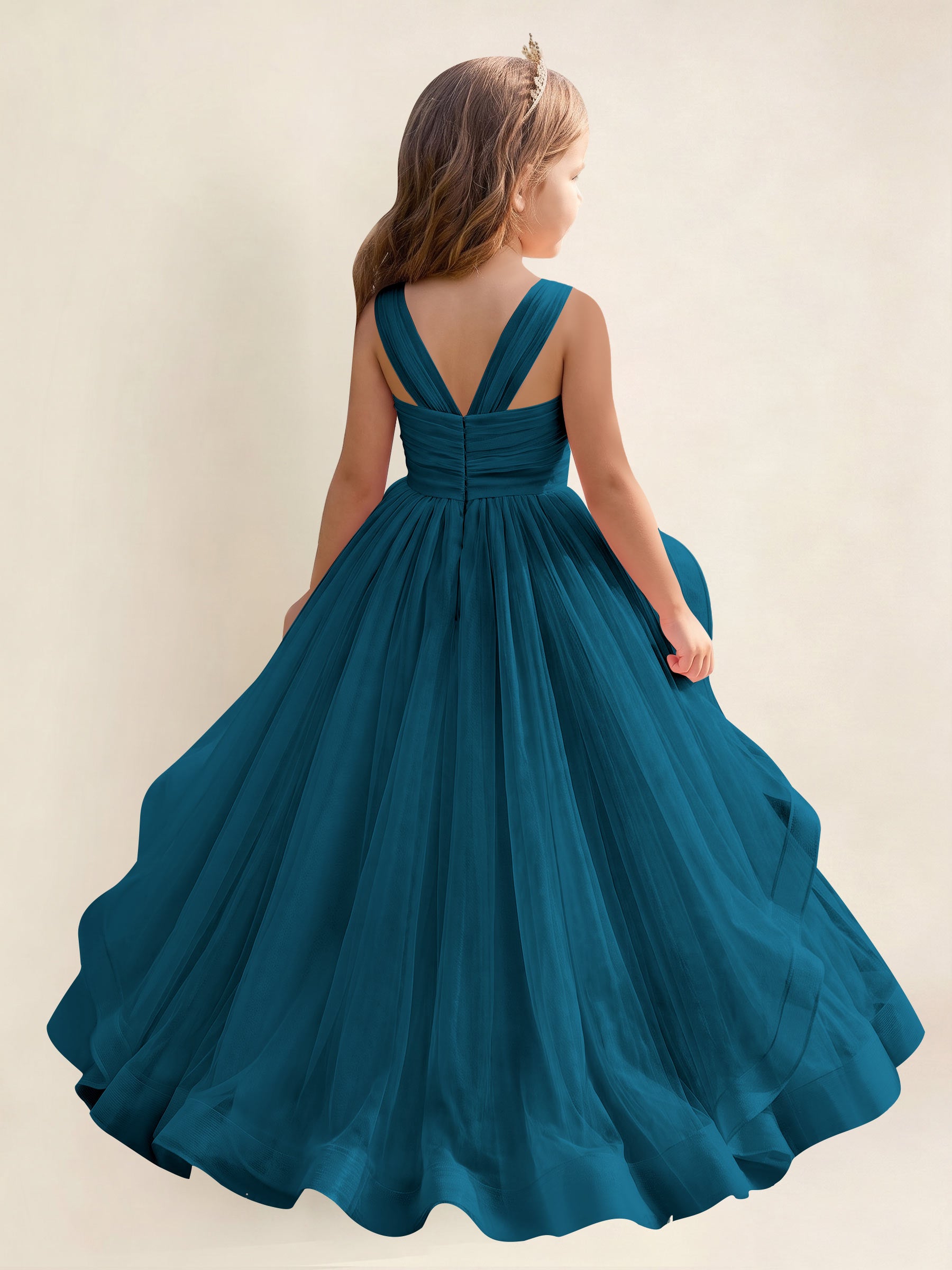 ROVDESY A-Line V-Neck Tulle Flower Girl Dress With Sleeveless Long Ball Gown Dress