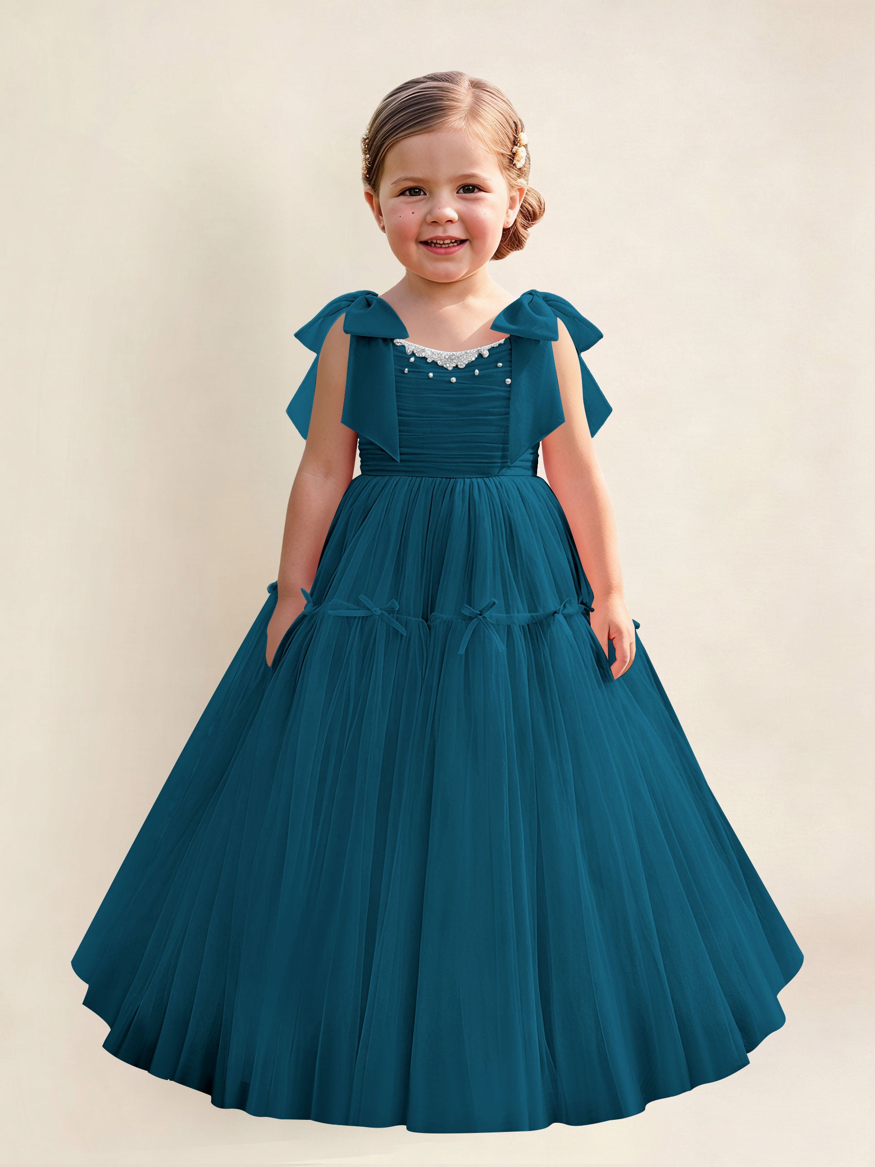 ROVDESY A-Line Tulle Flower Girl Dress With Bow Long Ball Gown Dress