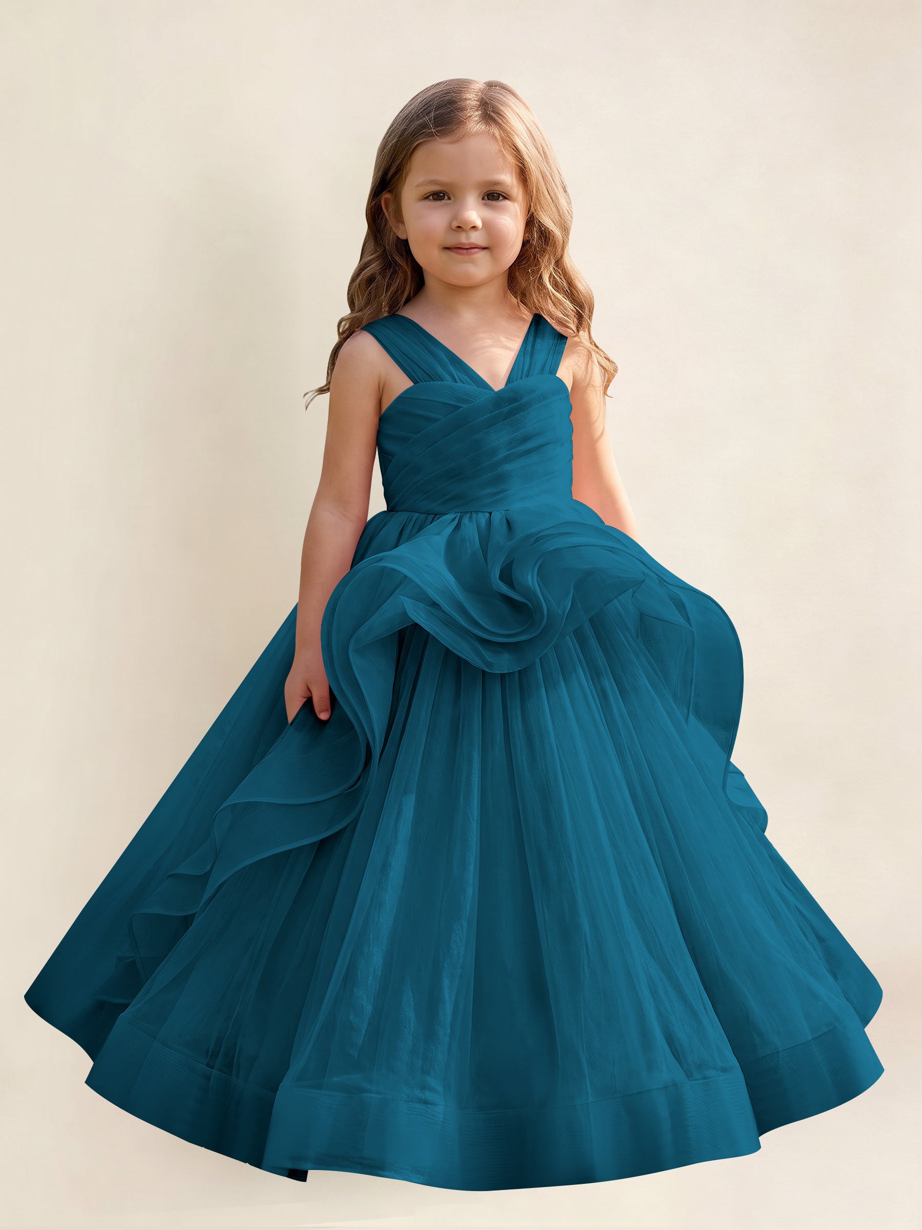 ROVDESY A-Line V-Neck Tulle Flower Girl Dress With Sleeveless Long Ball Gown Dress