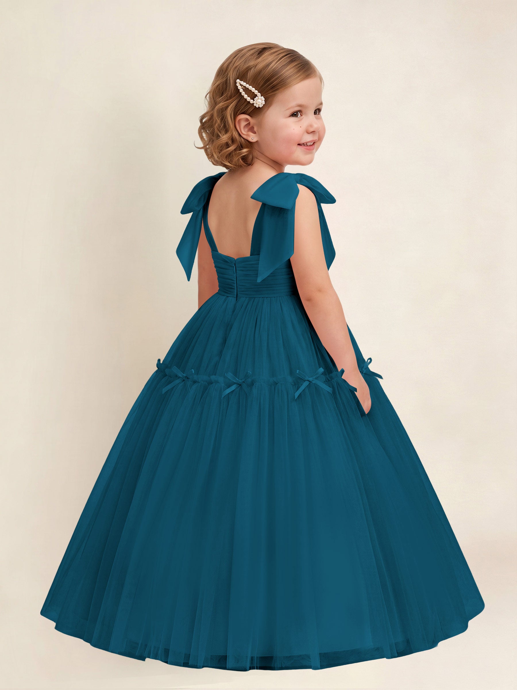 ROVDESY A-Line Tulle Flower Girl Dress With Bow Long Ball Gown Dress