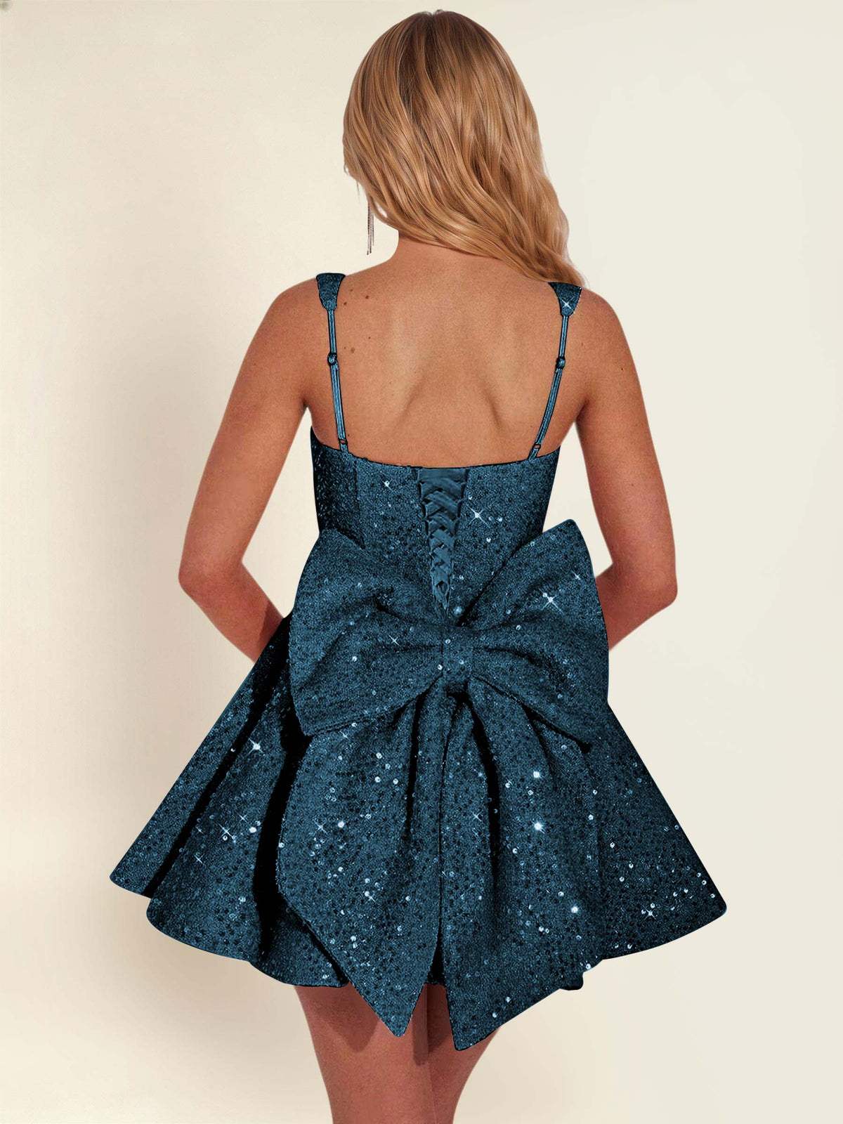 ROVDESY Sparkly Sequin A-Line Square Neck Homecoming Mini Dress With Big Bow