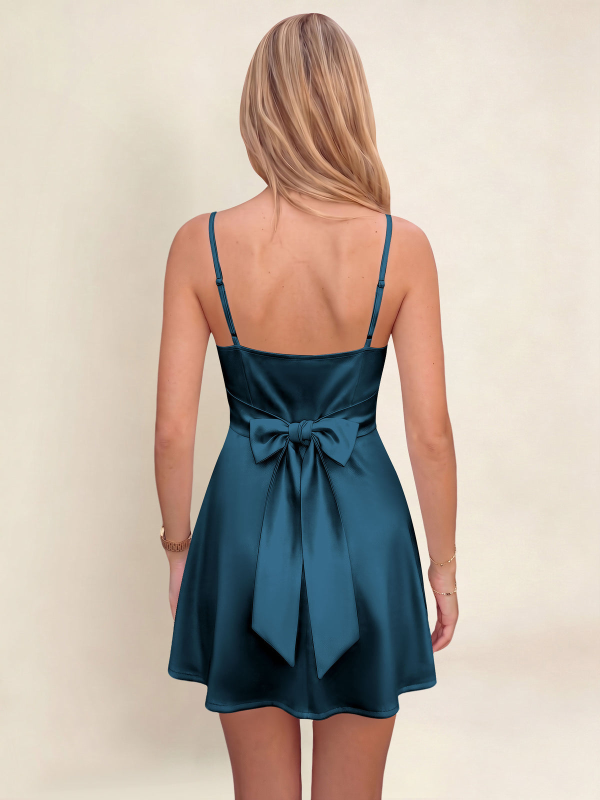 ROVDESY A-Line Spaghetti Strap Cowl Neck Satin Mini Homecoming Dress With Bow