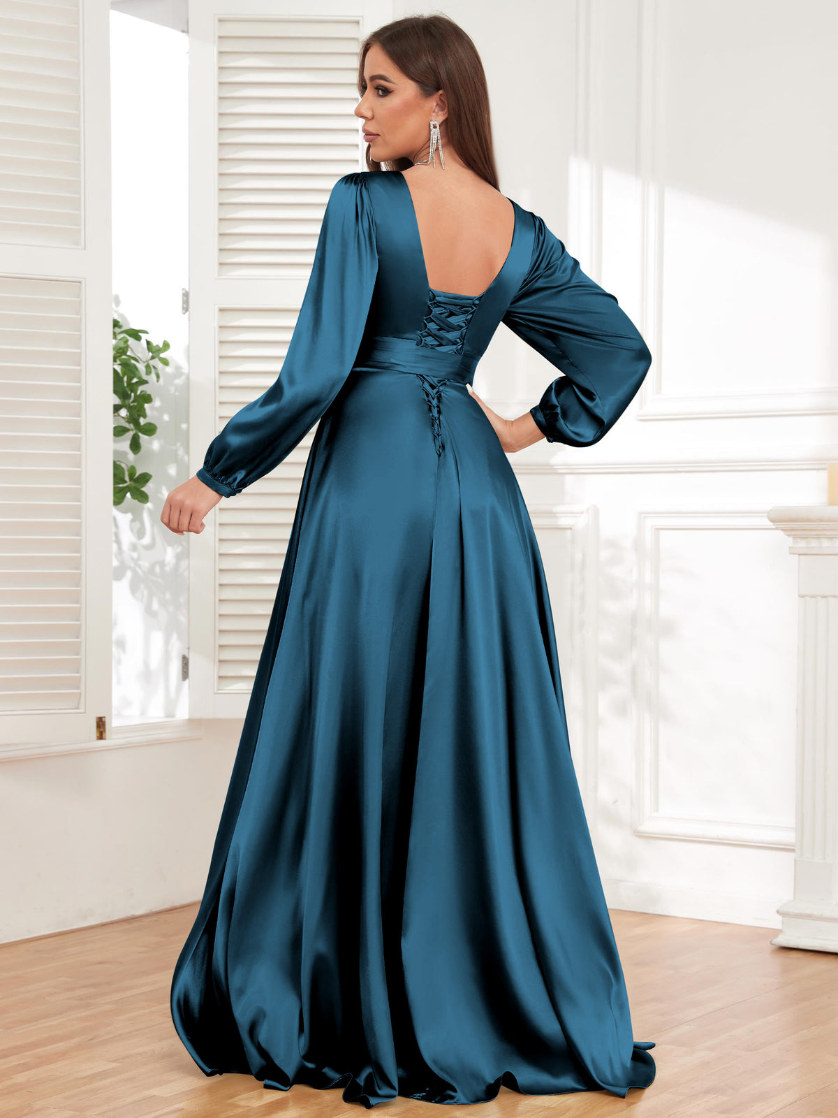 V Neck Satin Long Sleeve Bridesmaid Dress with Slit