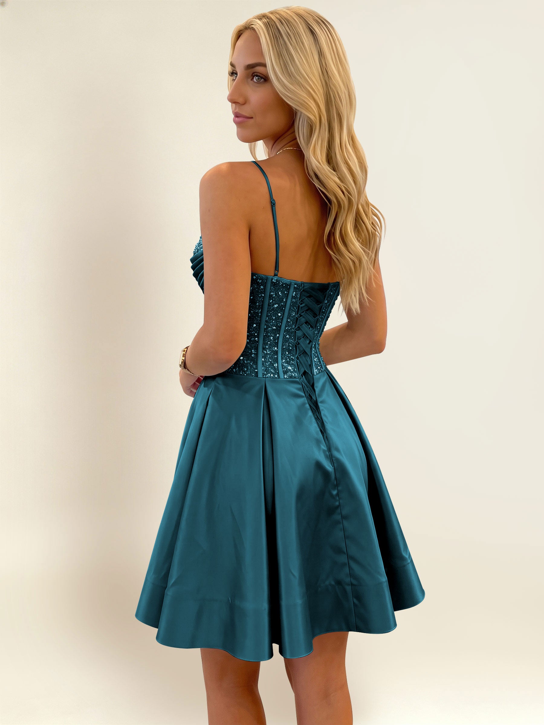 ROVDESY A-Line Spaghetti Strap Sequin Corset Satin Homecoming Mini Dress