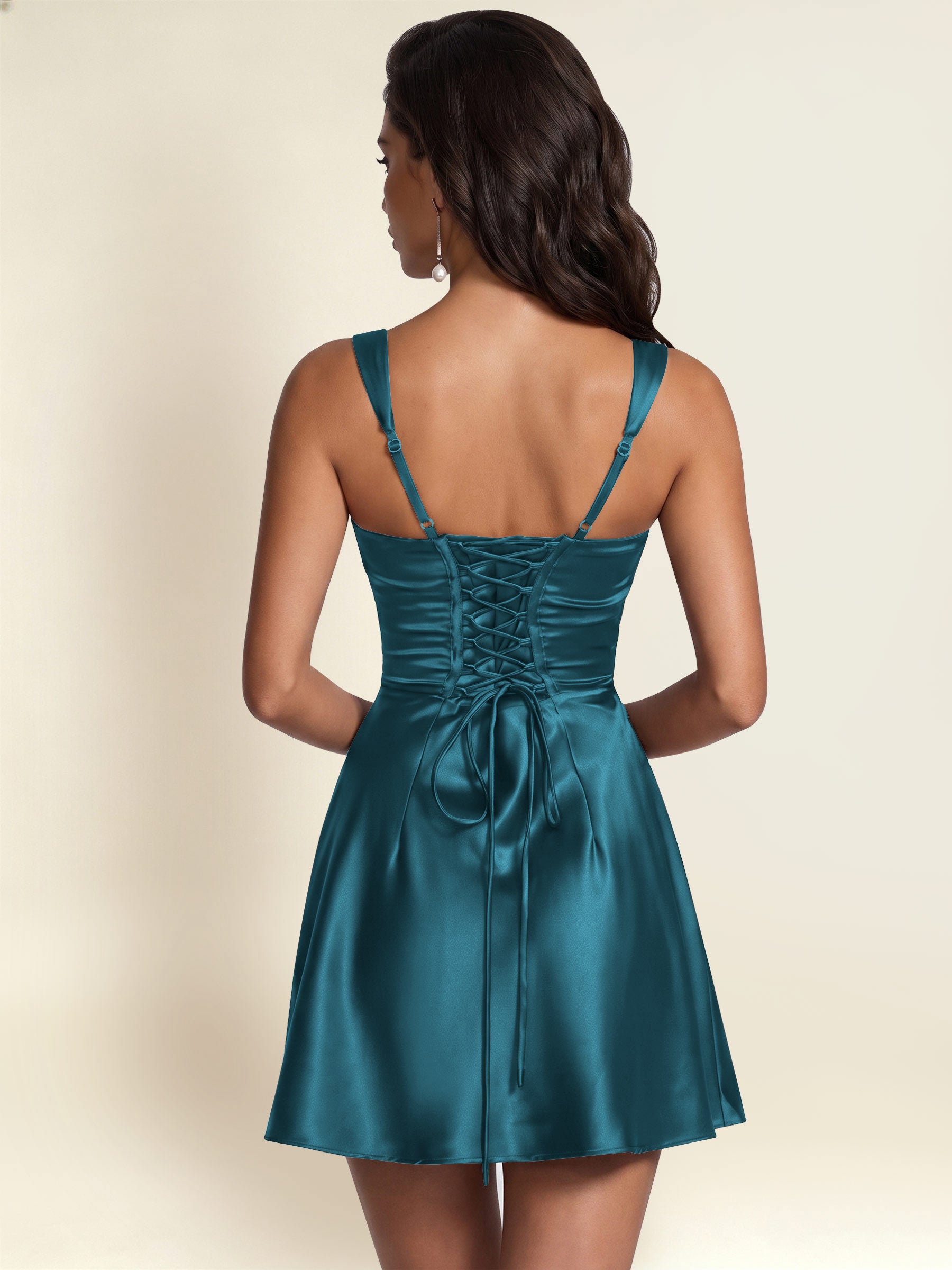 ROVDESY Square Neck Pleated Satin Homecoming Mini Dress