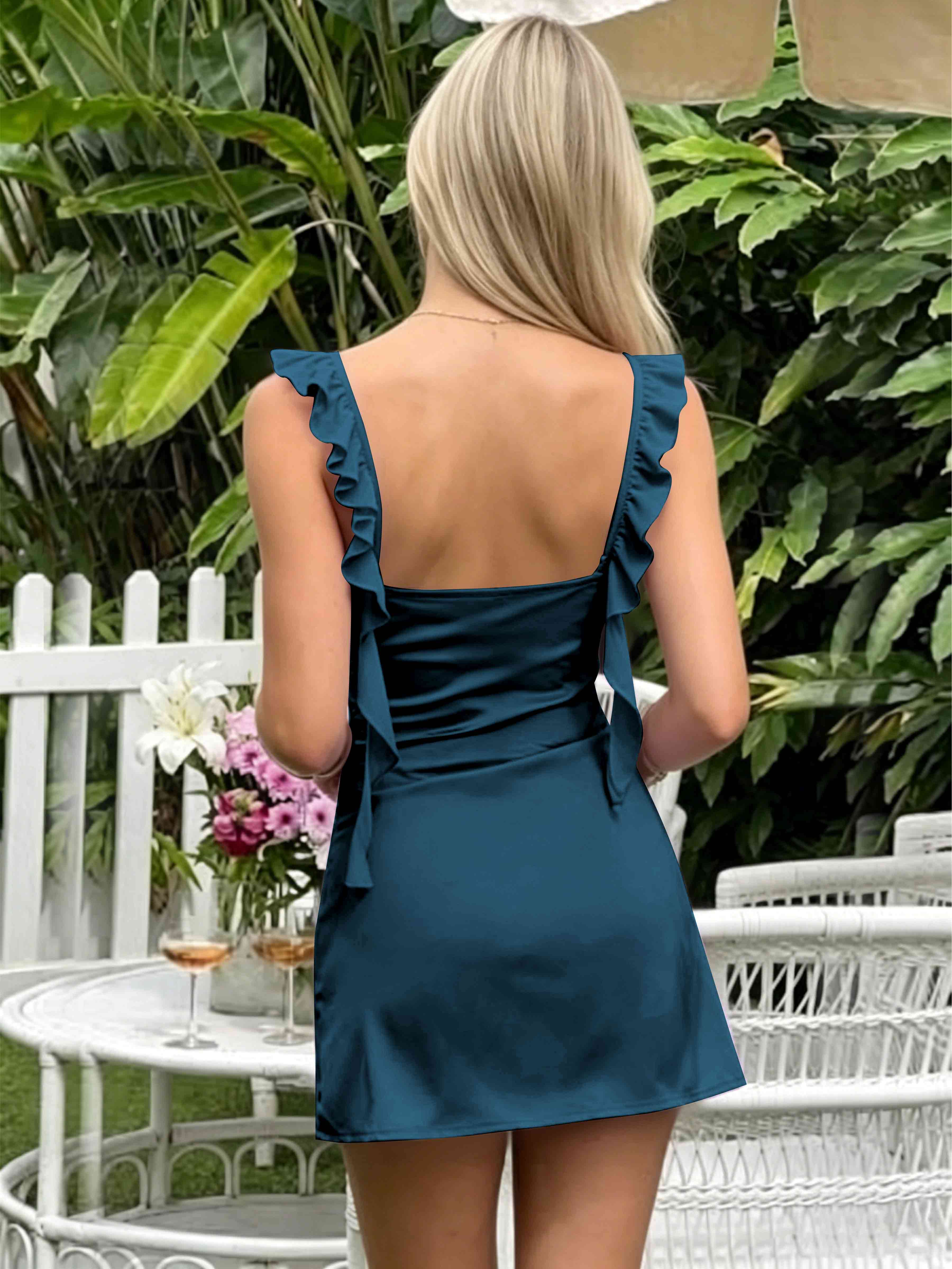 ROVDESY A-Line Ruffle Strap Satin Homecoming Mini Dress