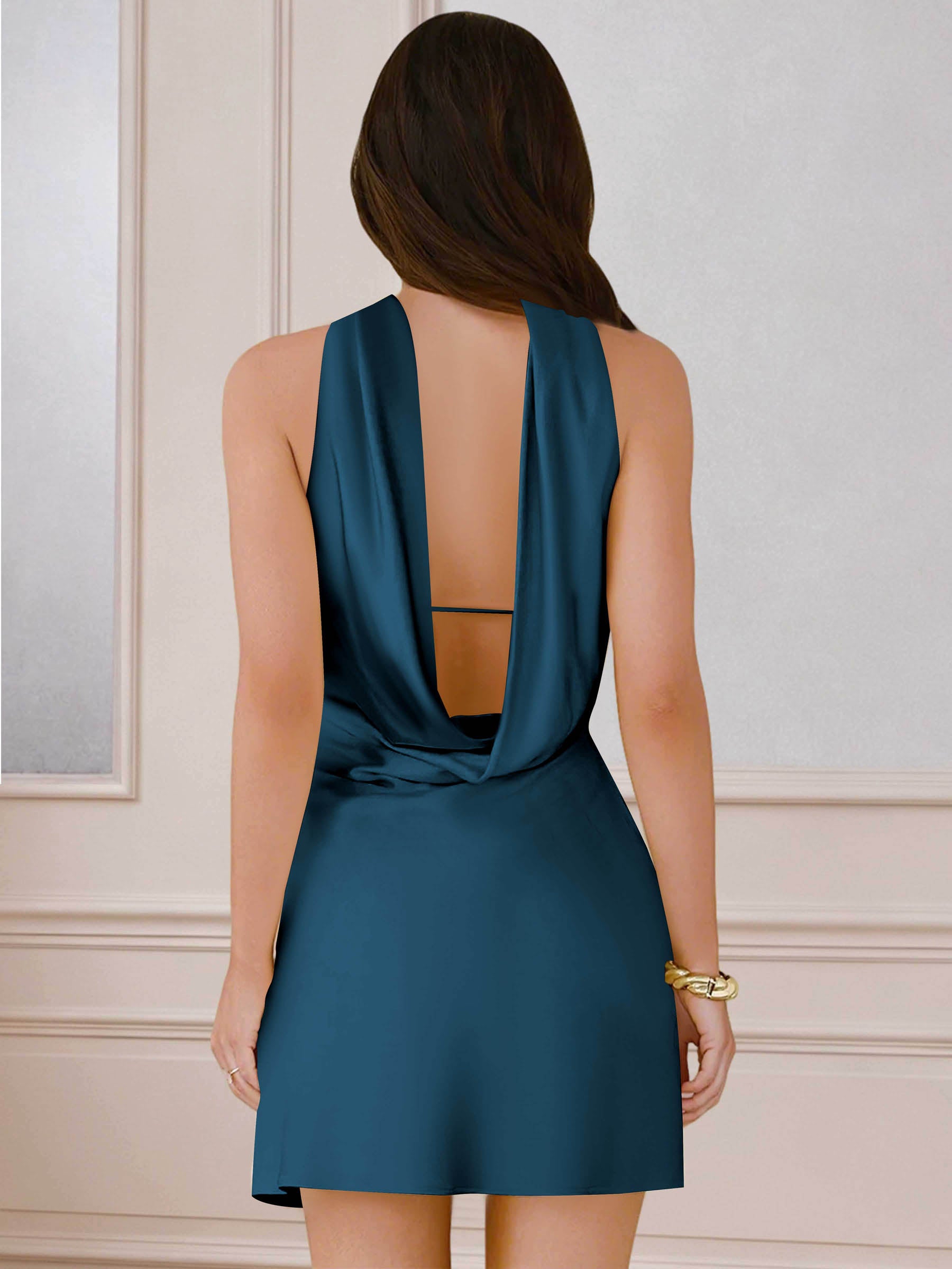 ROVDESY A-Line Halter Neck Satin Homecoming Mini Dress