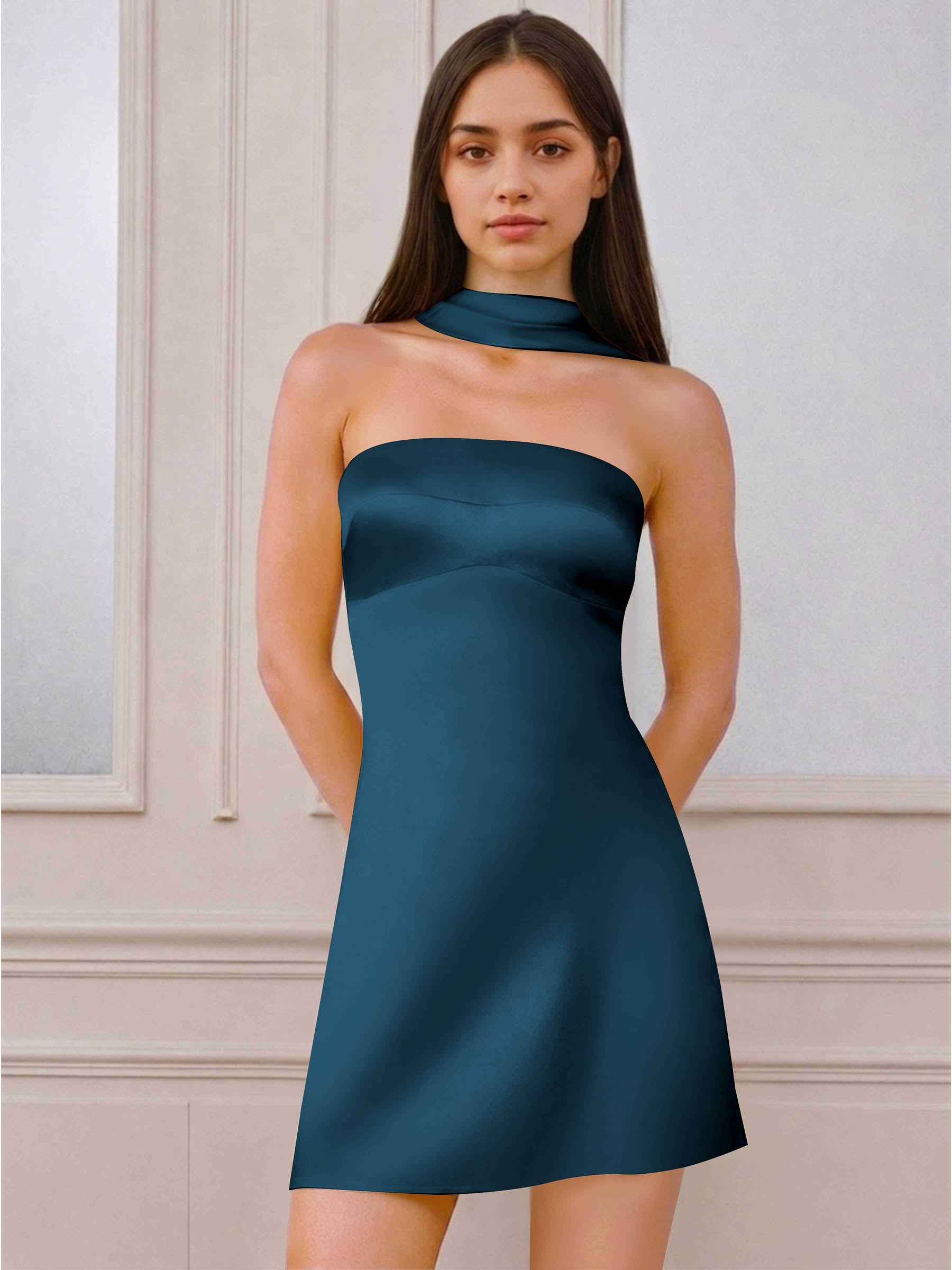 ROVDESY A-Line Halter Neck Satin Homecoming Mini Dress