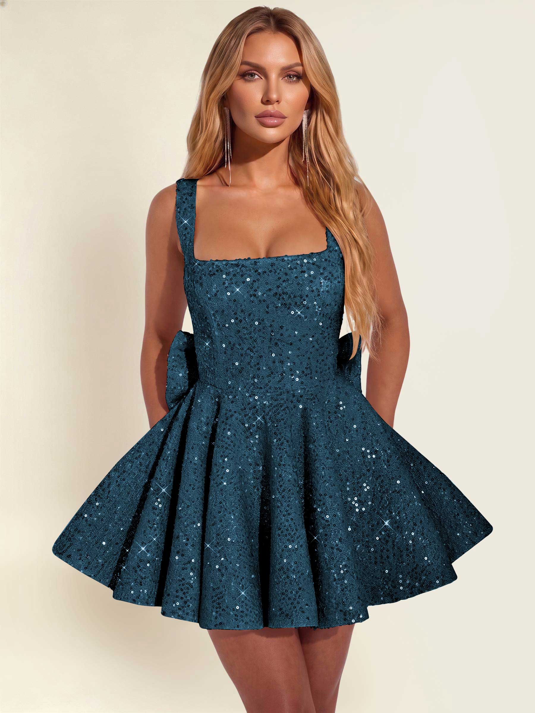 ROVDESY Sparkly Sequin A-Line Square Neck Homecoming Mini Dress With Big Bow