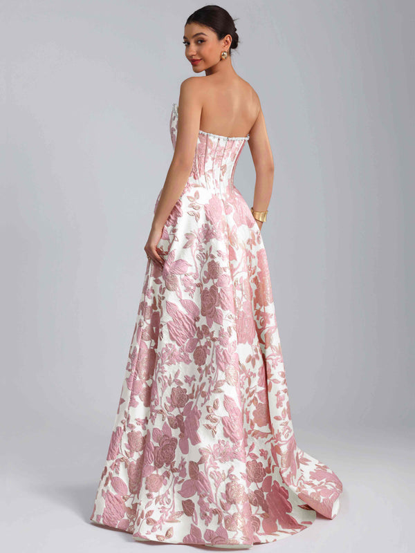 A-Line Strapless Jacquard Satin Prom Dress Long Ball Gown