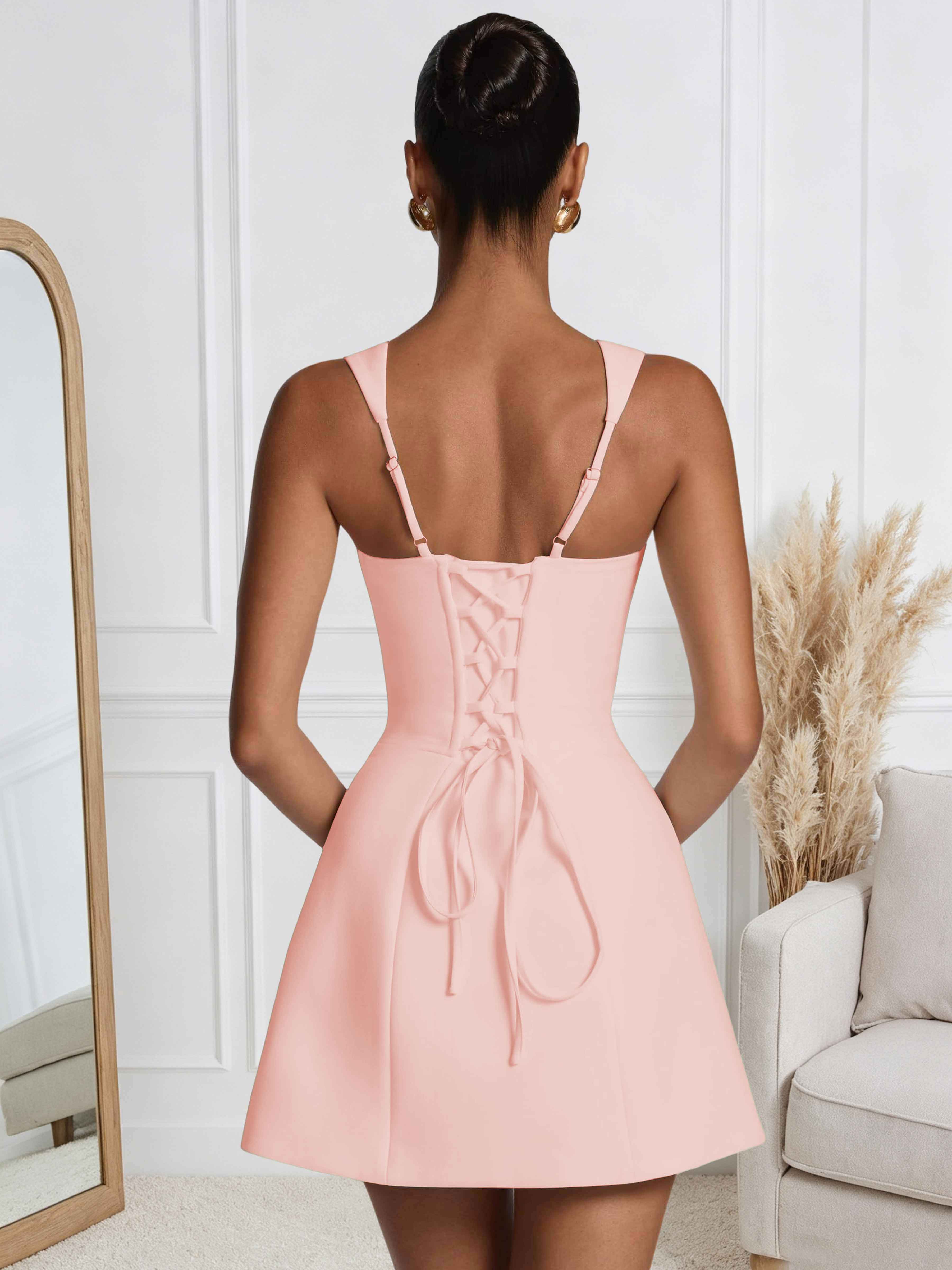ROVDESY A-Line Square Neck Satin Homecoming Mini Dress