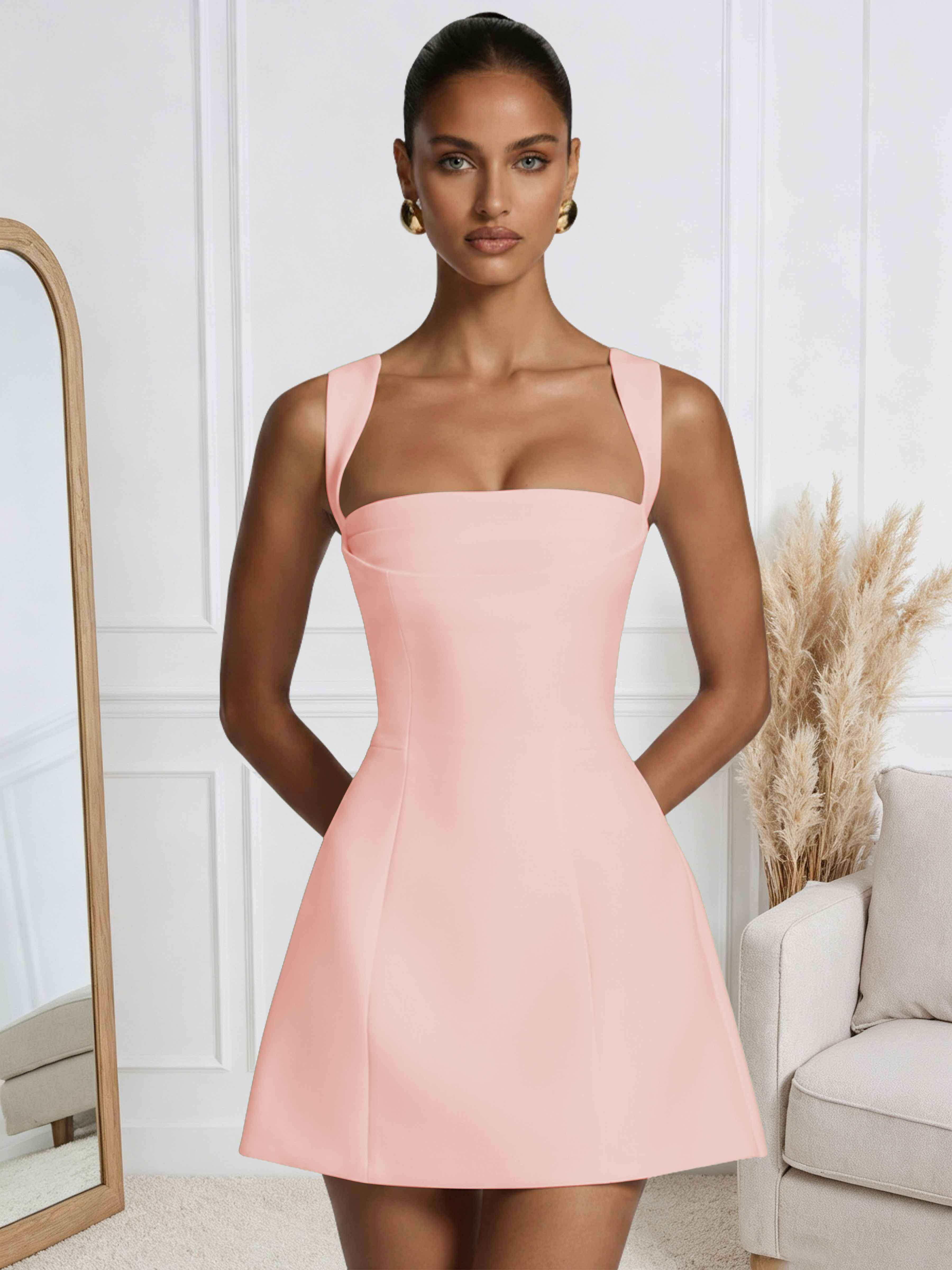 ROVDESY A-Line Square Neck Satin Homecoming Mini Dress